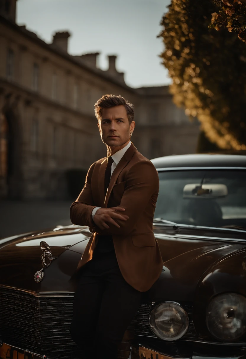 corps entier, wide-angle photo close-up portrait of the body of a handsome man , Grand et en forme, (40 ans:1.1), (shaven:1.2) , (very short brown hair:1.5),(very short hair:1.6). Dark brown tight velvet suit, (La veste a des motifs de fleurs noires:1.2). (posing outside the mansion with a luxury car:1.1), crowded street with cafes in the distance, Cold and dark sunset at dusk, (Edge Light:1.1),(Concentrez-vous sur les yeux), (angry look), (hard light on the skin:1.2), (ombres dures, dark themed, Contraste profond:1.1), (photographie de portrait par Annie Liebovitz), Dark mint theme and choral aesthetics, (skin imperfections)