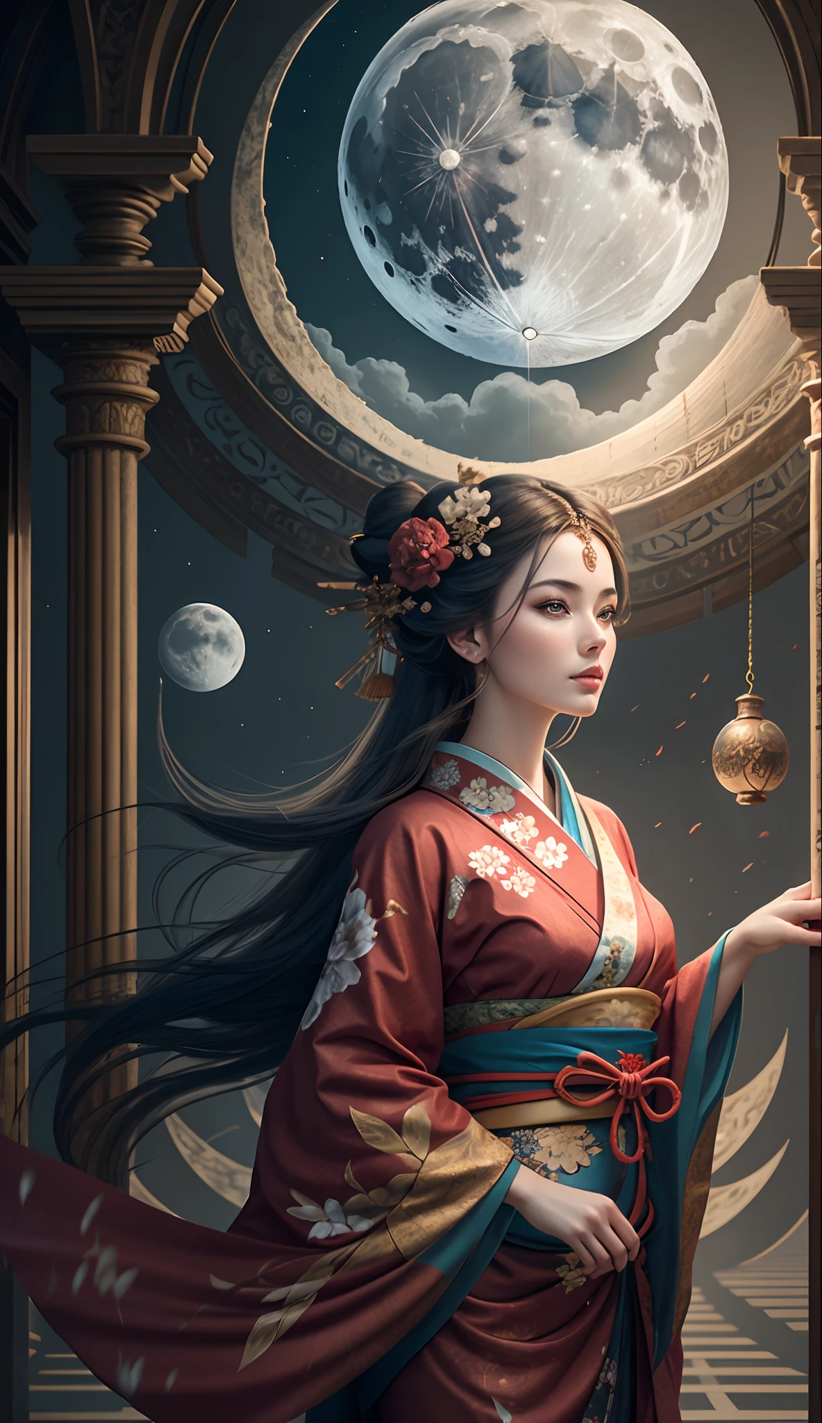 A beautiful woman in a red and black kimono, beautiful render of a fairytale, in the style of paper art, painting of beautiful, beautiful as the moon, very intricate masterpiece, painted metal, beautiful intricate masterpiece, multiple layers, Mysterious --auto