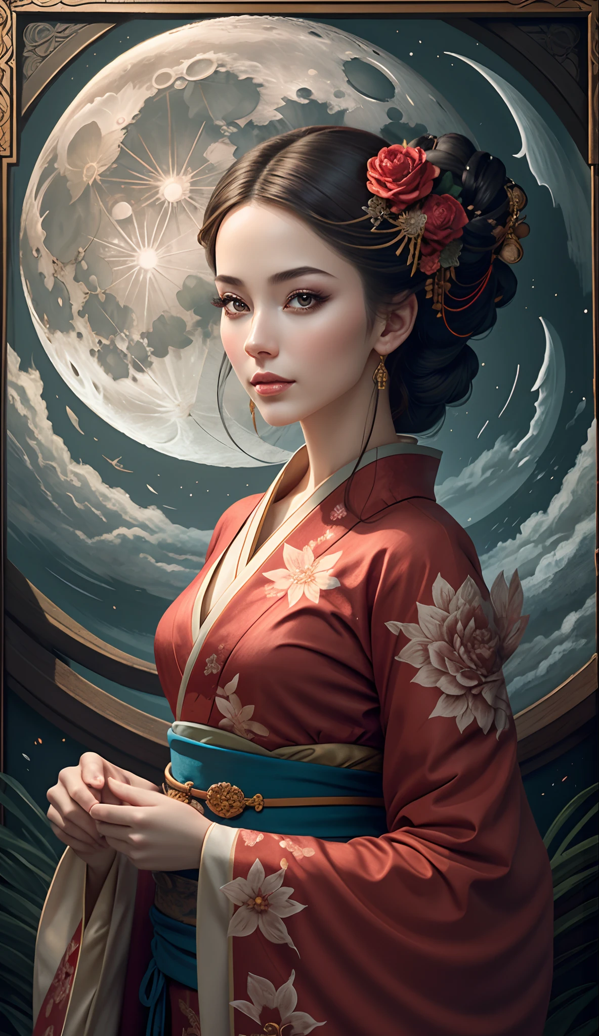 A beautiful woman in a red and black kimono, beautiful render of a fairytale, in the style of paper art, painting of beautiful, beautiful as the moon, very intricate masterpiece, painted metal, beautiful intricate masterpiece, multiple layers, Mysterious --auto
