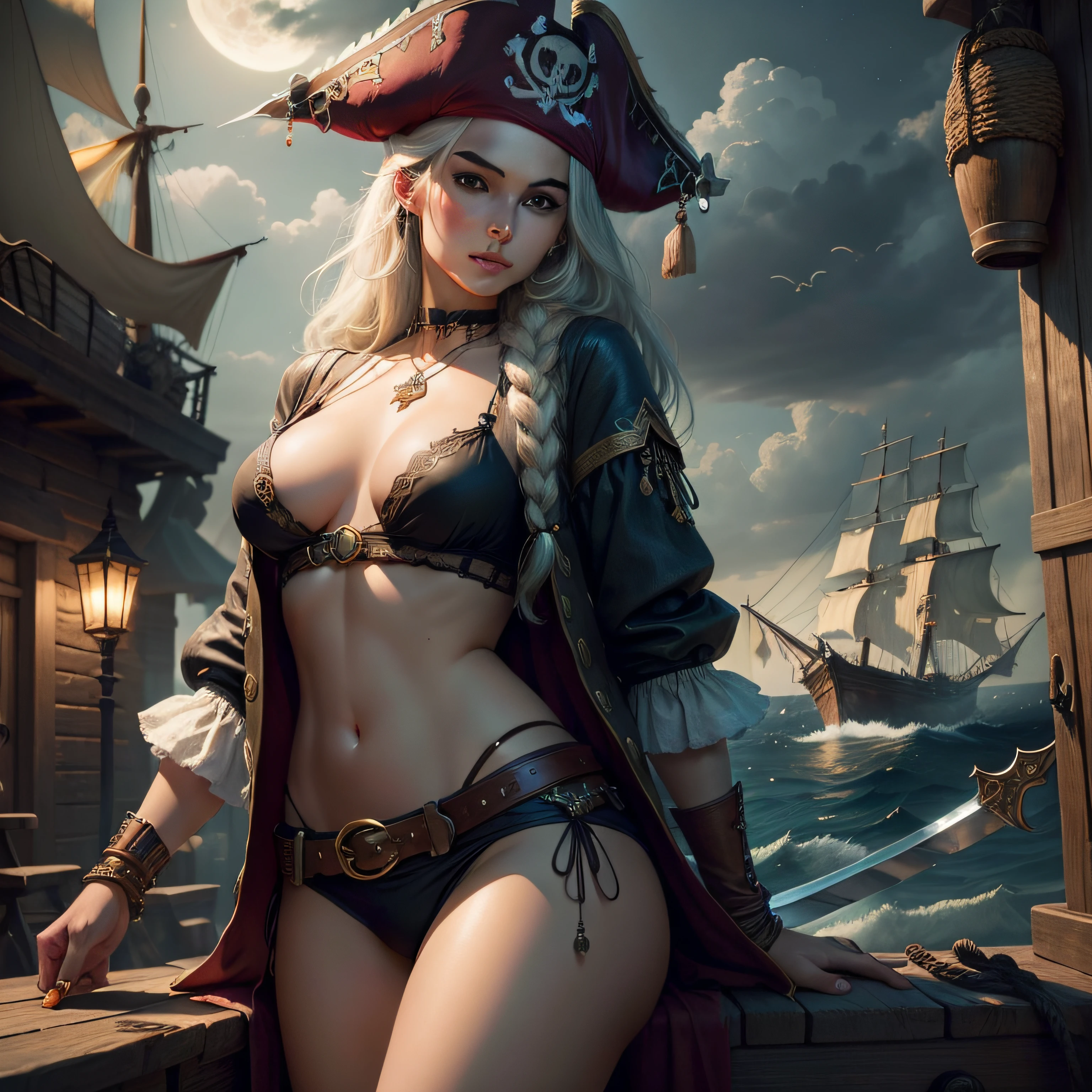 (Highest picture quality), (highly detailed) 1girl, female pirate, sexy, exotic, sword, erotic, pirate ship, moonlight, seductive, (photo-realistic:1.1),