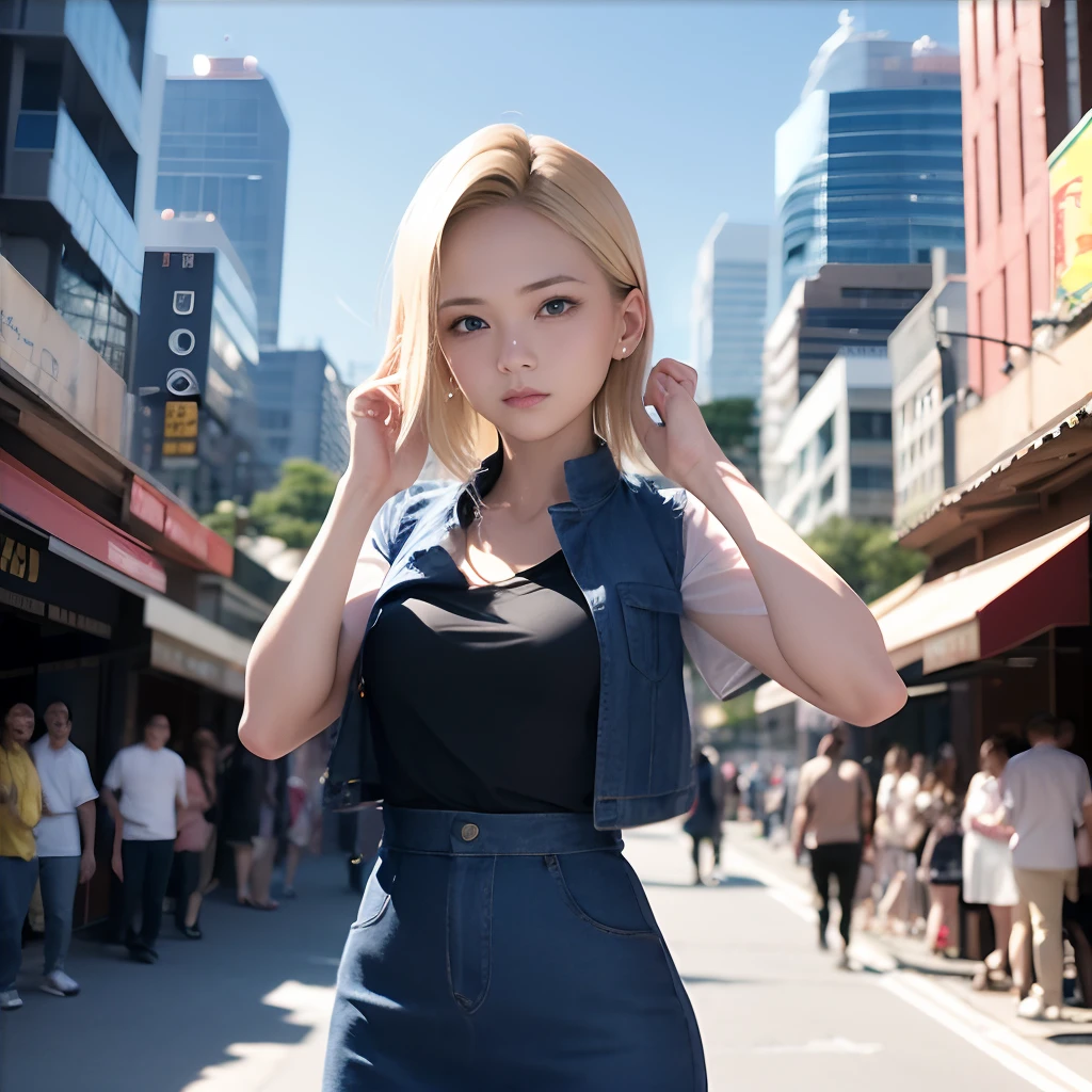 Martial Arts Champion、23age、1womanl、Android 18、独奏、blonde hair、((Blue eyes))、short-hair、耳Nipple Ring、jewely、Denim Vest、open vest、Black pantyhose、White shirt、Denim skirt、 Short sleeves with black stripes,,,,,, a blue skirt, middlebreasts, Cowboy Shots, Street,((Futuristic city background street))、8K、Ulutra HD、Sharp lines、top-quality、hight resolution、