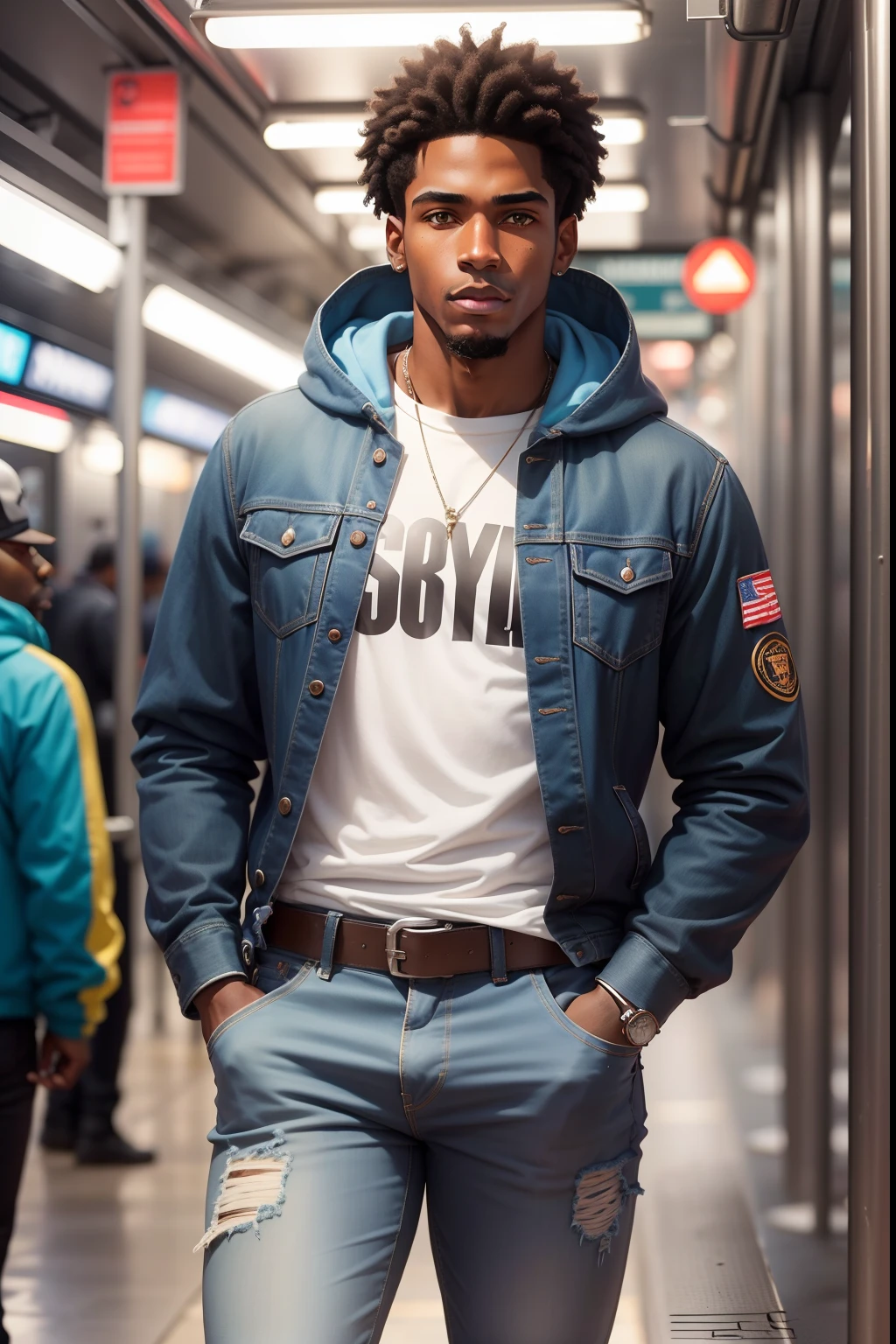 A ultra realistic young man 30 years of Afro American dark Carmel complexion very handsome and norm athletic physique with short black curly hair, his height 5'11, Leica M2 85mm, photo realistic, sharp image of the face, slight shadow of light on the face., realism photography, he is wearing couture sport hood color is blue creme gray mixture with black bold text Bedstuy 4 Life and dark denim jeans  made by Telfar Clemons, background stand on subway outside platform in Brooklyn NYC