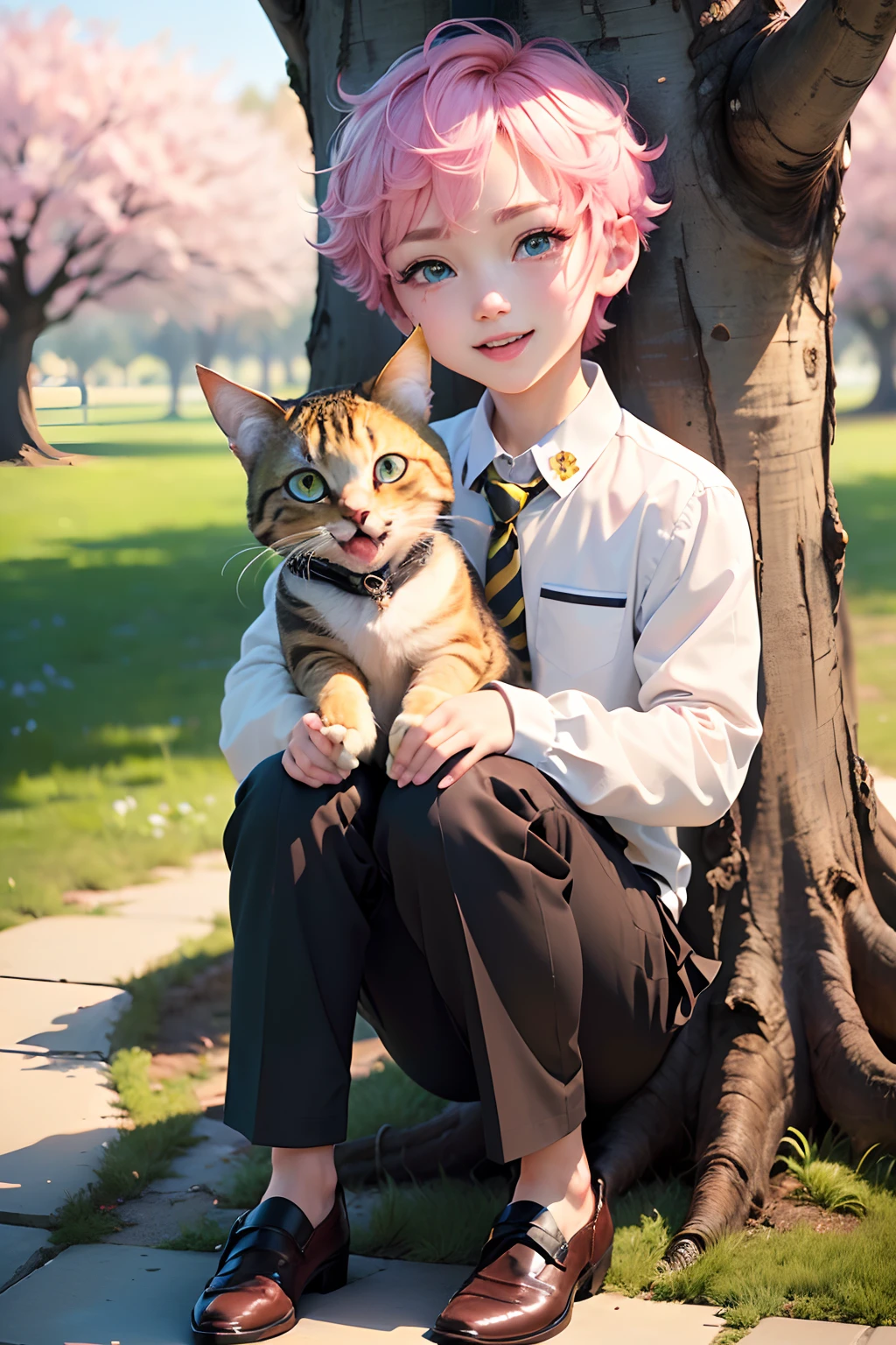 (masterpiece),(best quality),(ultra-detailed), (full body:1.2),
2boys,chibi,cute, smile, open mouth,
flower, outdoors,white shirt, yellow black striped tie, blush, tree, :3, shirt, one is pink short hair and blue eyes, one is brown hair and green eyes, cherry blossoms, blush stickers, long sleeves, pink flower, cats
(beautiful detailed face), (beautiful detailed eyes),