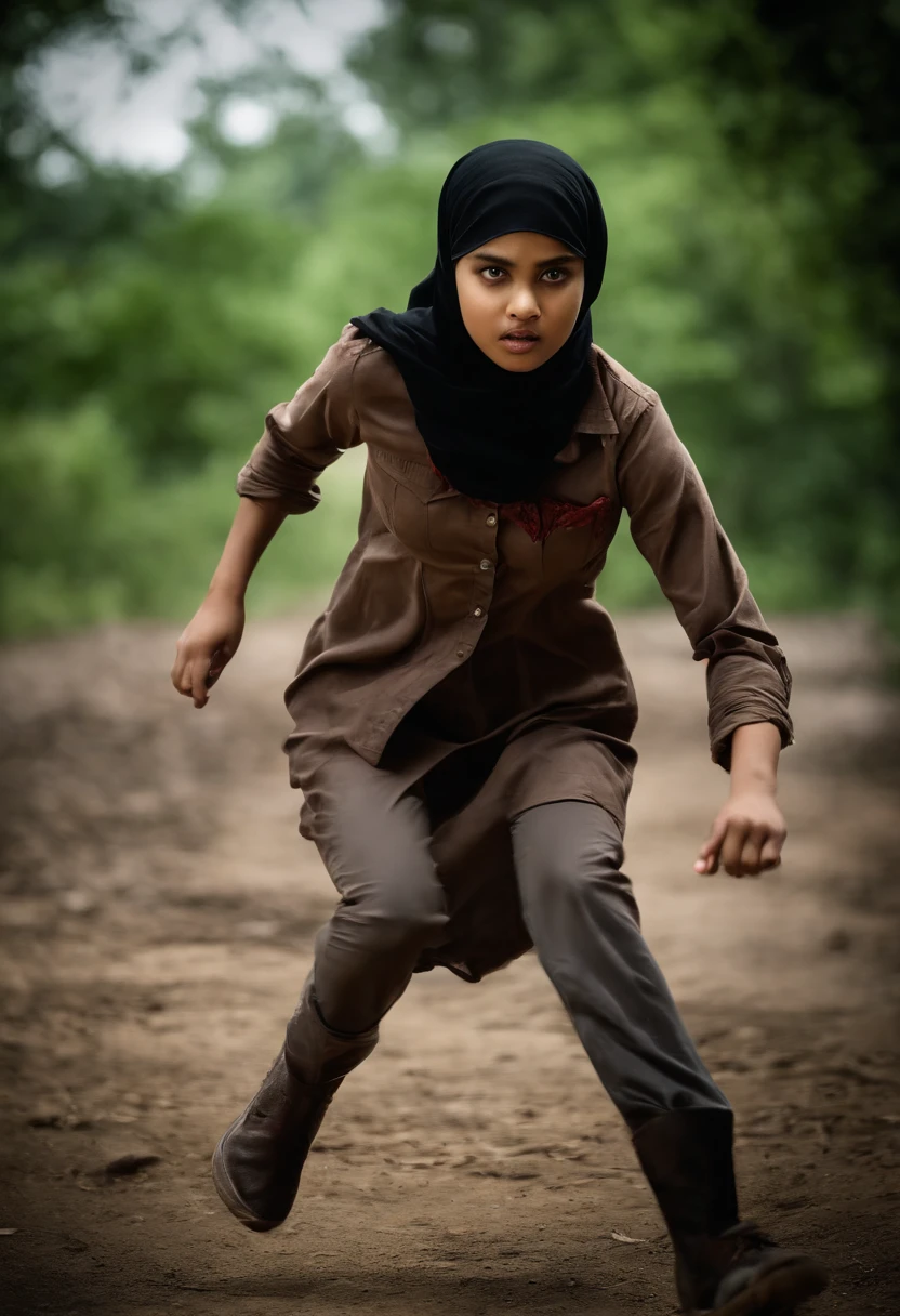 Create a suspenseful and action-packed movie still in a photograph. Capture the realistic movement of a Malay girl in hijab as she sprints in terror from a pursuing zombie. Employ a combination of fast shutter speed to freeze her motion and motion blur to convey the urgency of her escape. Utilize expert lighting techniques to enhance the tension and realism of the scene. Make sure to emphasize the fear and determination in the girl's expression, and frame the shot to convey the imminent danger she faces from the pursuing zombie. This photograph should transport viewers into the heart-pounding action of a thrilling movie moment.