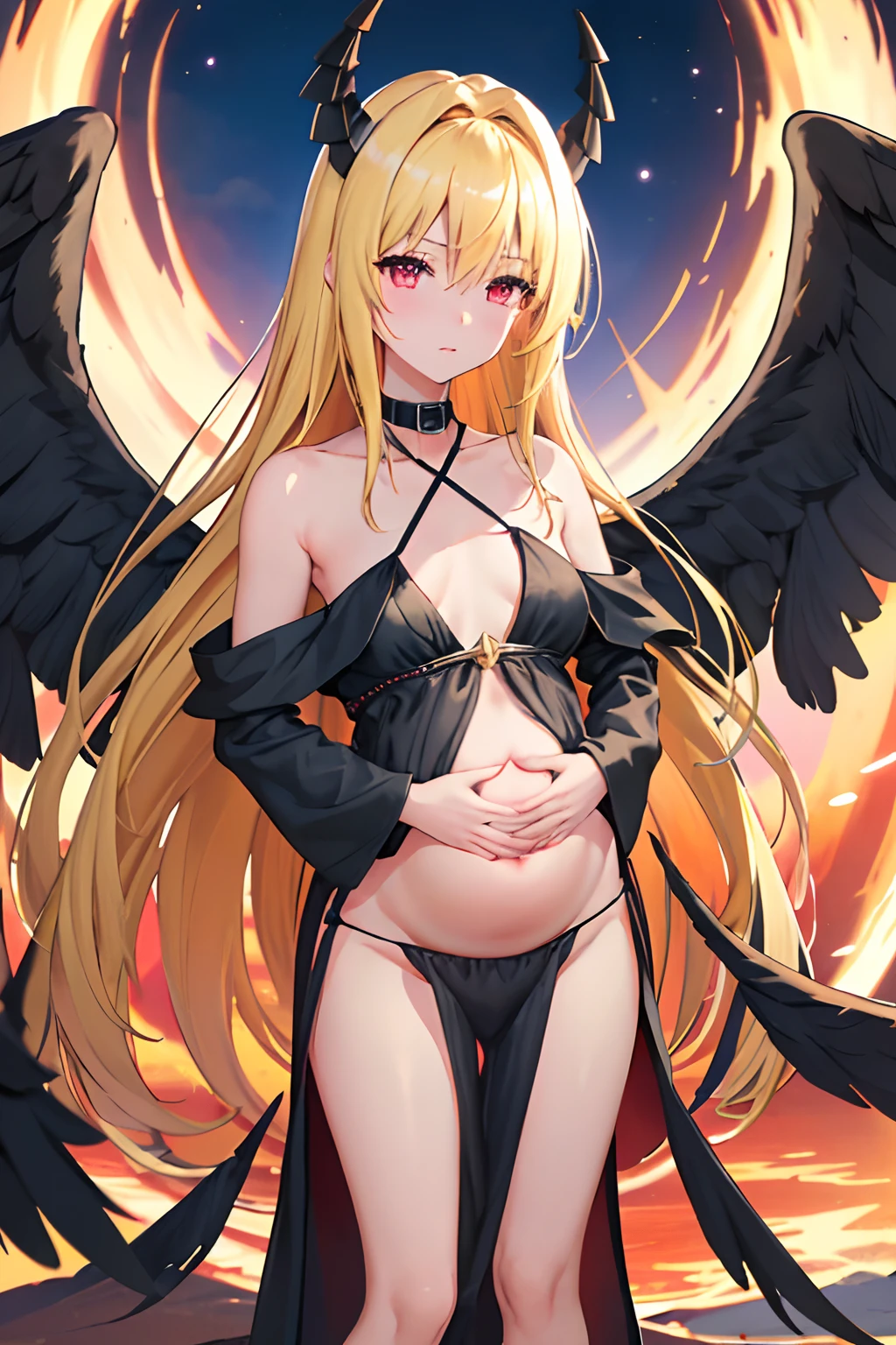 (masterpiece:1.6, best quality), (finely detailed beautiful eyes: 1.2), phyami, yamidarkness, 1girl, solo, blonde hair, wings, long hair, horns, red eyes, black wings, bare shoulders, hair intakes, collarbone, choker, demon horns, halterneck, feathered wings, collar, anime coloring, hair between eyes, criss-cross halter, black dress bikini, demon girl, bangs, very long hair, black underwear, pregnant