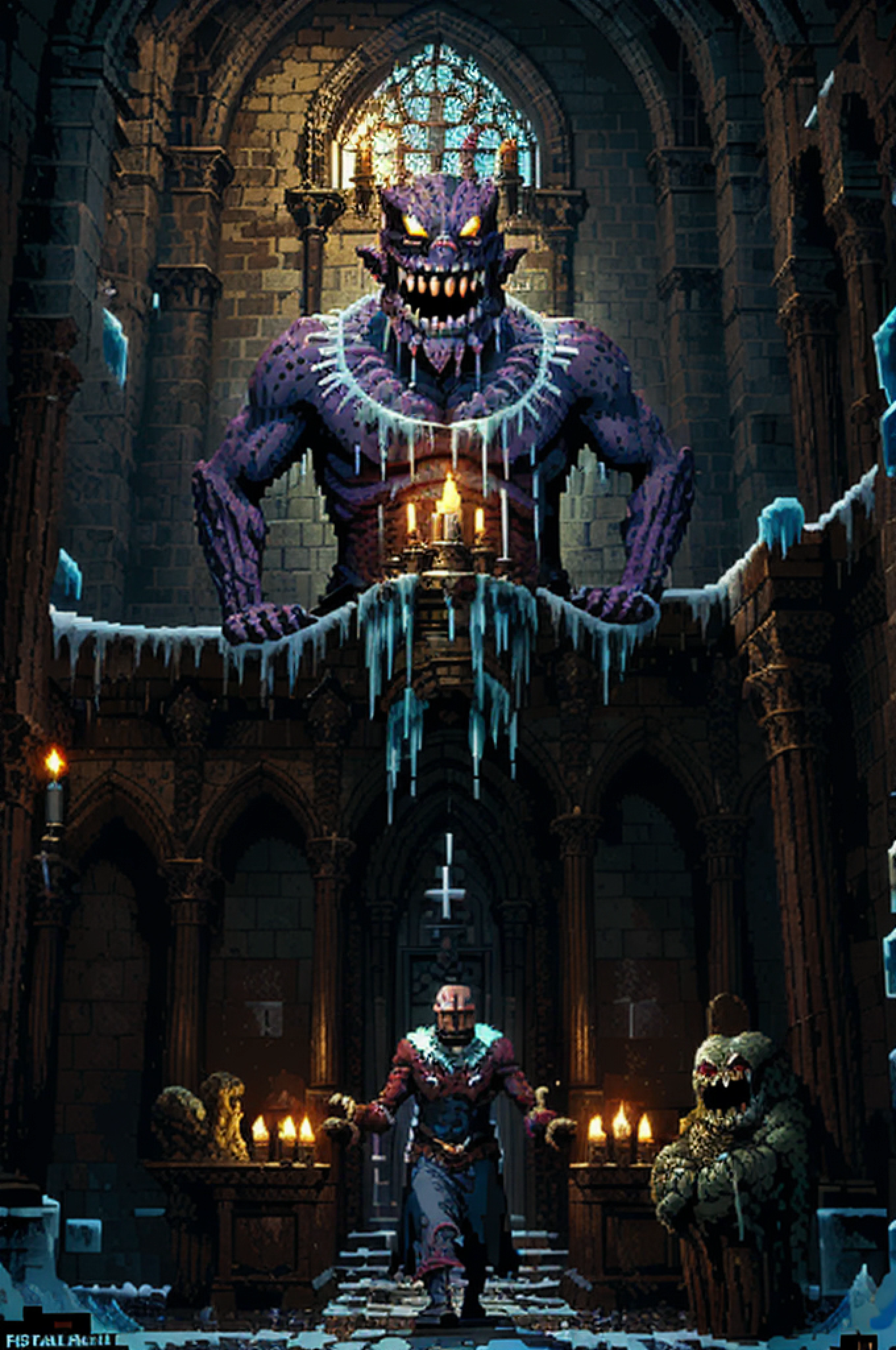 (pixel art:1.6), epic boss battle (ice scream horrific creature, multiple eyes, sinister smile:1.2), inside a gothic cathedral, candle light