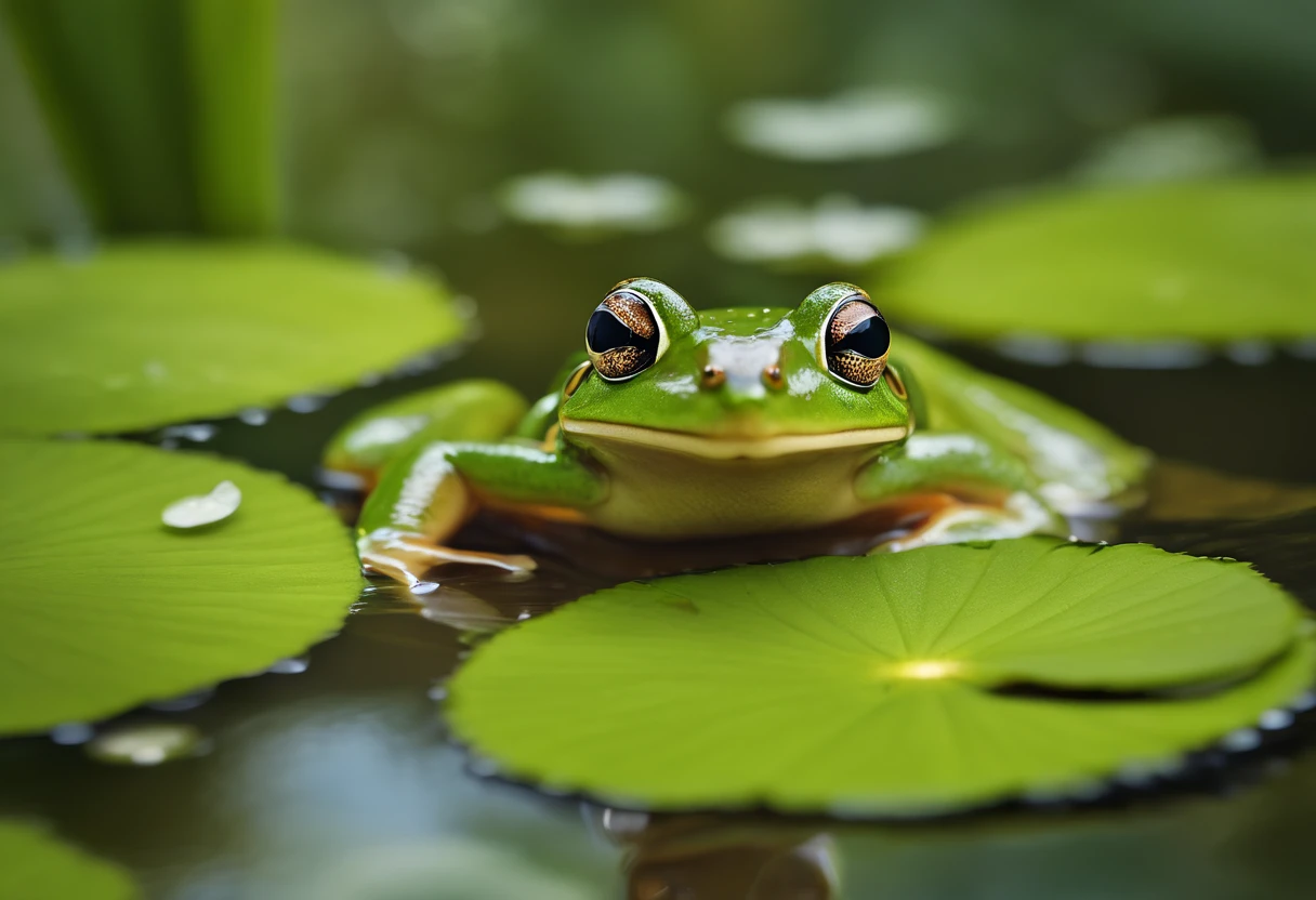 (best quality,ultra-detailed,realistic),cute cartoon baby frog,pond,reflecting water surface,bright green color,detailed eyes and mouth,small webbed feet,sitting on a lily pad,peaceful surrounding,calm atmosphere,ripples on water,tiny dragonflies hovering around,fresh green plants and flowers,soft sunlight,joyful expression,playful pose,gentle breeze,subtle shadows,serene reflection,motionless frog,harmonious composition,smooth texture,subtle highlights,delicate shades,lifelike rendering,adorable appearance,sparkling water droplets,peaceful moment,natural habitat.