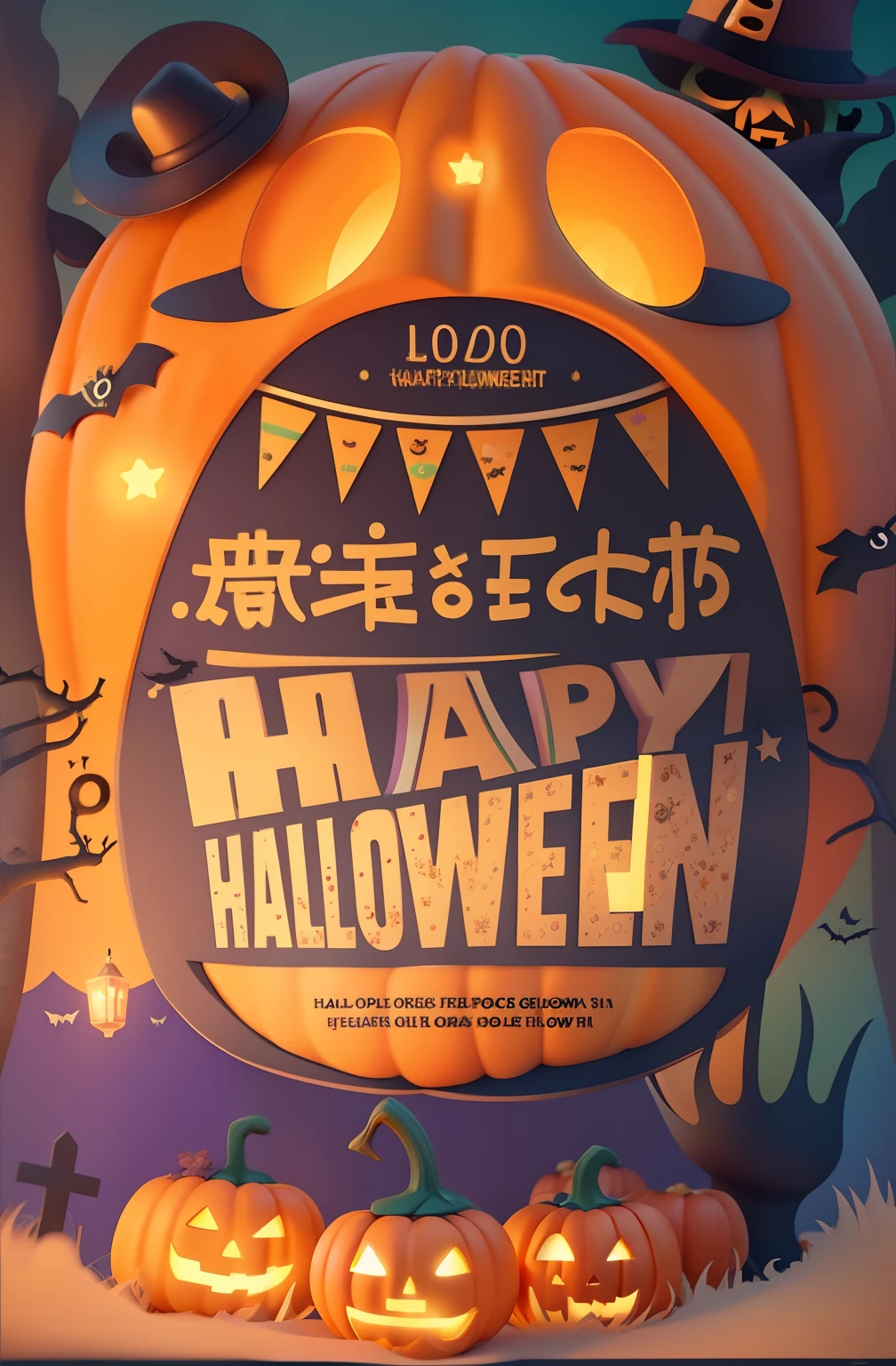 Poster with grimace and close-up of pumpkin, halloween celebration, halloween art style, 💣 💥, Costume, halloween theme, Poster design, cheerfulness, Trick or Treat, best on adobe stock, 😃😀😄☺🙃😉😗, Halloween, 2 d cg, hand painted cartoon art style, 2 d, 2D, Poster illustration