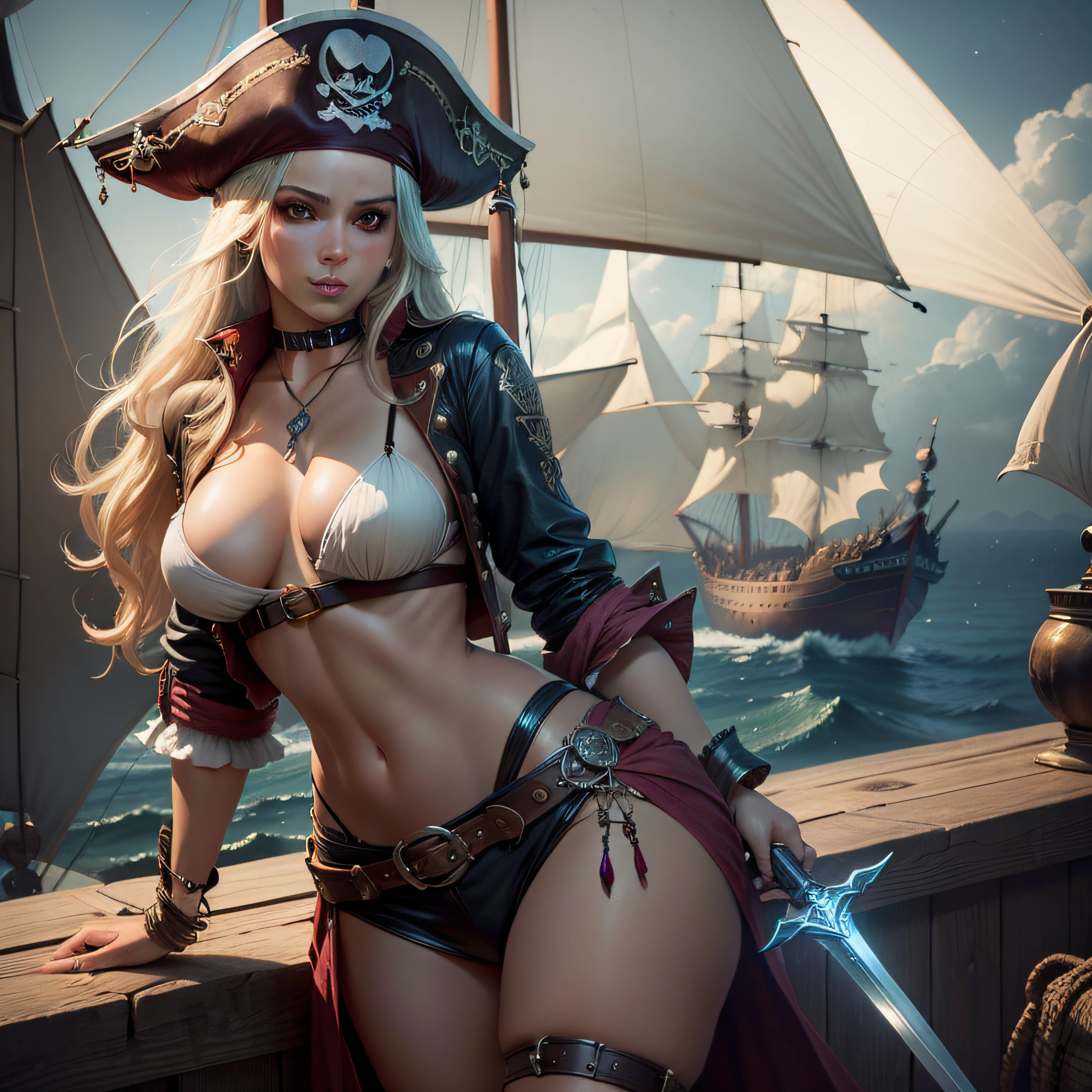 (Highest picture quality), (highly detailed) 1girl, female pirate, sexy, exotic, sword, erotic, pirate ship, moonlight, seductive, large breasts, (photo-realistic:1.1),