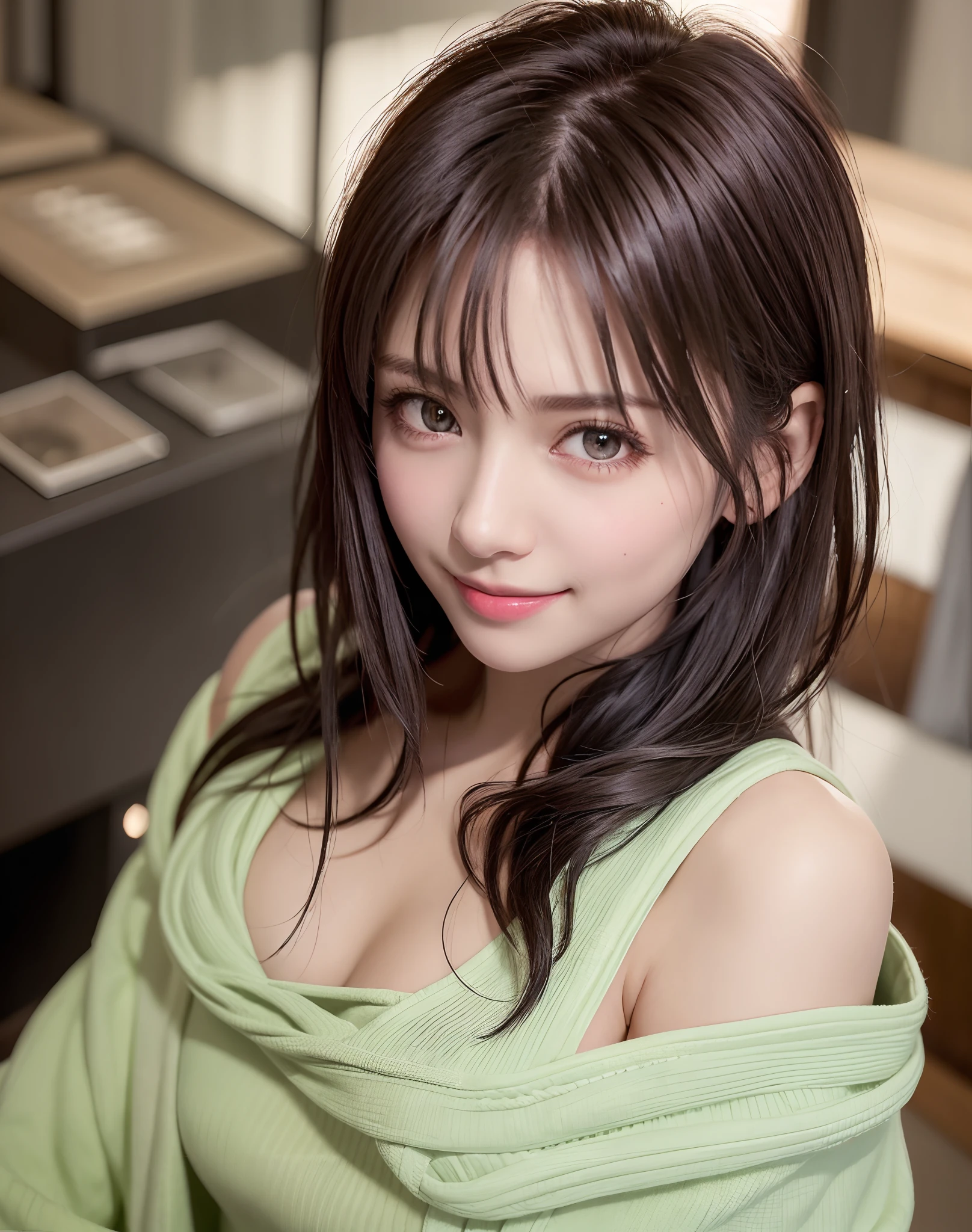 (Best Quality), (masutepiece), (High resolution), (Intricate details:0.2),(Professional Lighting), dressing gown, Detailed background, Oversized Black T-Shirt, off shoulders, (Previous view), 1girl in, Solo, (Beautiful face),  Slim body, Fine skin, Smile, Sauvage's brown hair, Beautiful eyes,  look at at viewer,