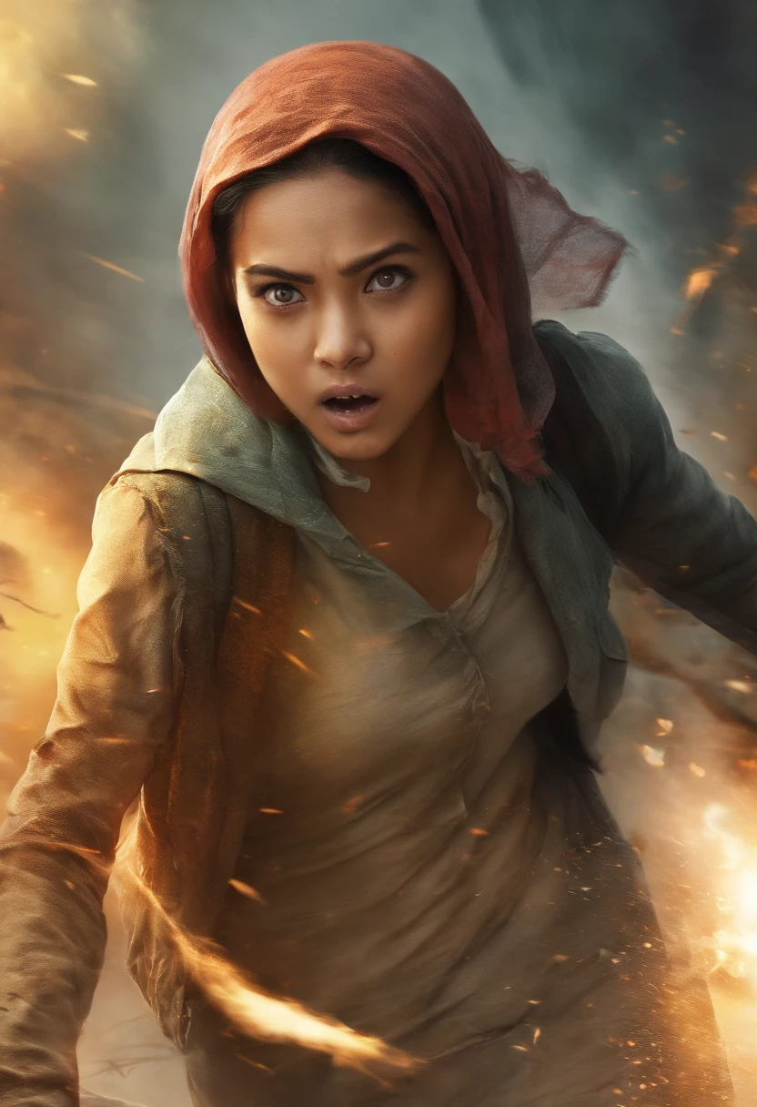 Create a suspenseful and action-packed movie still in a photograph. Capture the realistic movement of a Malay girl in hijab as she sprints in terror from a pursuing zombie. Employ a combination of fast shutter speed to freeze her motion and motion blur to convey the urgency of her escape. Utilize expert lighting techniques to enhance the tension and realism of the scene. Make sure to emphasize the fear and determination in the girl's expression, and frame the shot to convey the imminent danger she faces from the pursuing zombie. This photograph should transport viewers into the heart-pounding action of a thrilling movie moment.