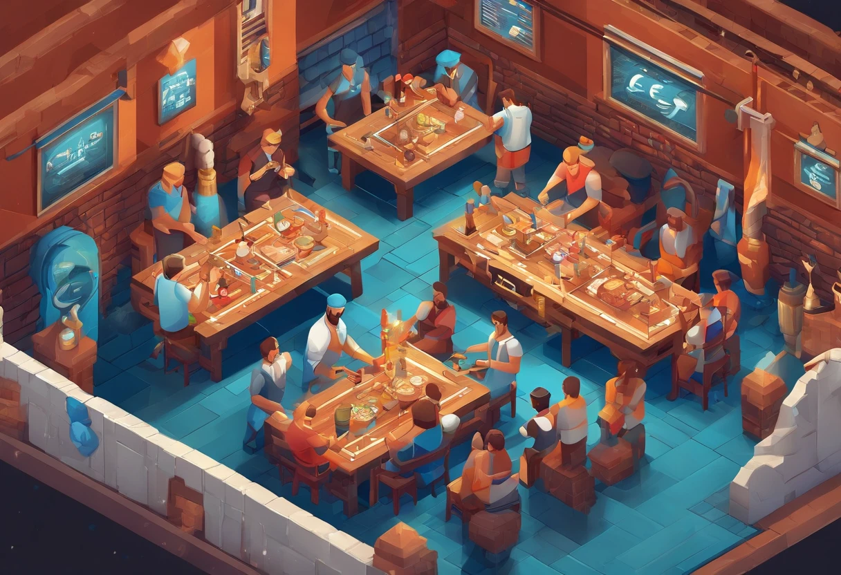 Uma taverna, uma mesa no meio, imagem do ambiente, homem magro, cabelo curto, cabelo azul, barba azul, capa cobrindo corpo tudo, Fighting arm wrestling, corpo todo