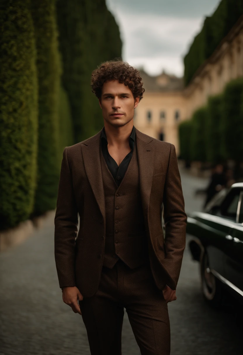 corps entier, wide-angle photo close-up portrait of the body of a handsome man , Grand et en forme, (40 y old:1.1), (shaven:1.2) , (very short curlybrown hair:1.5),(very short hair:1.6). Dark brown tight velvet suit, (La veste a des motifs de fleurs noires:1.2). (posing outside the mansion with a luxury car:1.1), crowded street with cafes in the distance, Cold and dark sunset at dusk, (Edge Light:1.1),(Concentrez-vous sur les yeux), (angry look), (hard light on the skin:1.2), (ombres dures, dark themed, Contraste profond:1.1), (photographie de portrait par Annie Liebovitz), Dark mint theme and choral aesthetics, (skin imperfections)