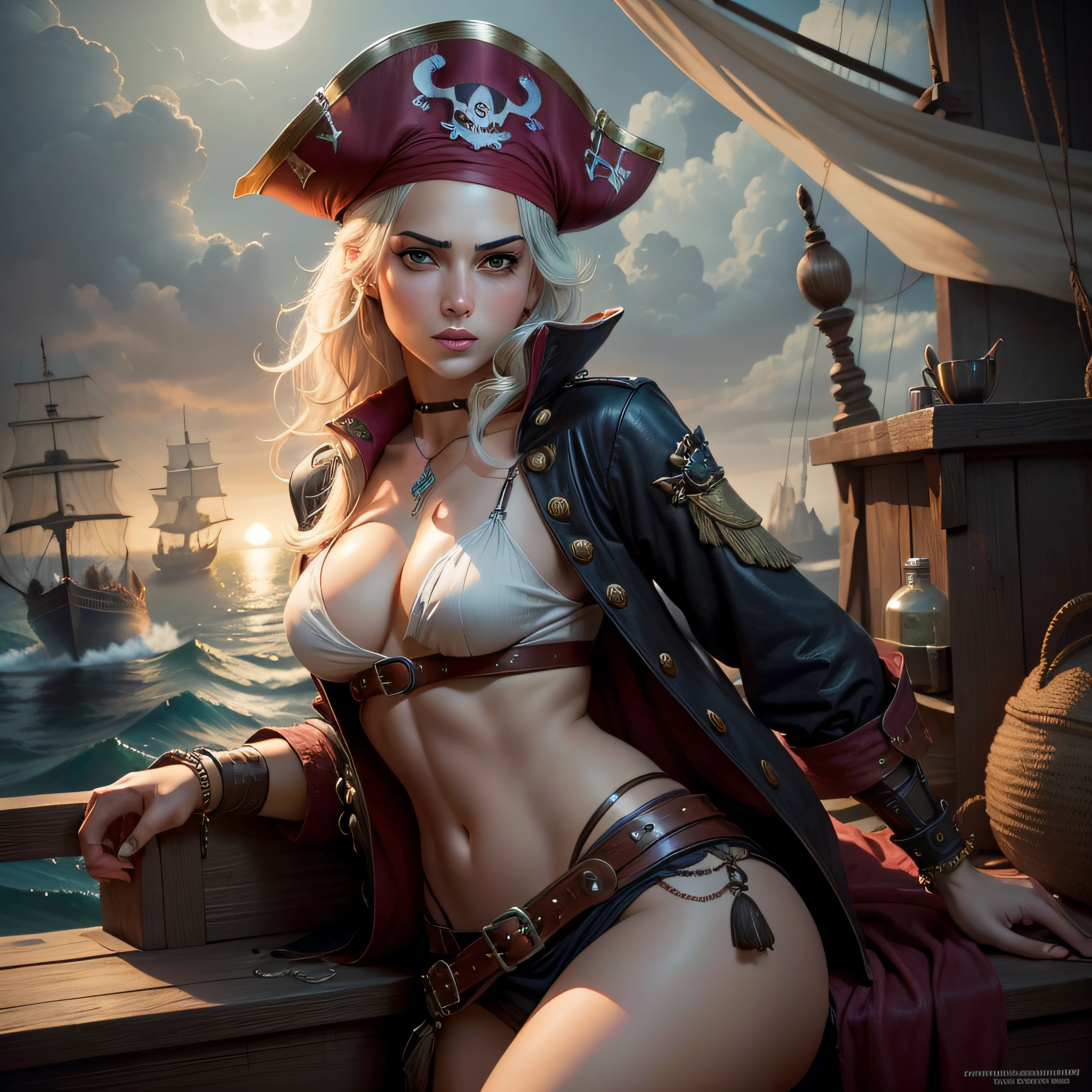 (Highest picture quality), (highly detailed) female pirate, sexy, exotic, sword, erotic, pirate ship, moonlight, seductive, (photo-realistic:1.1),