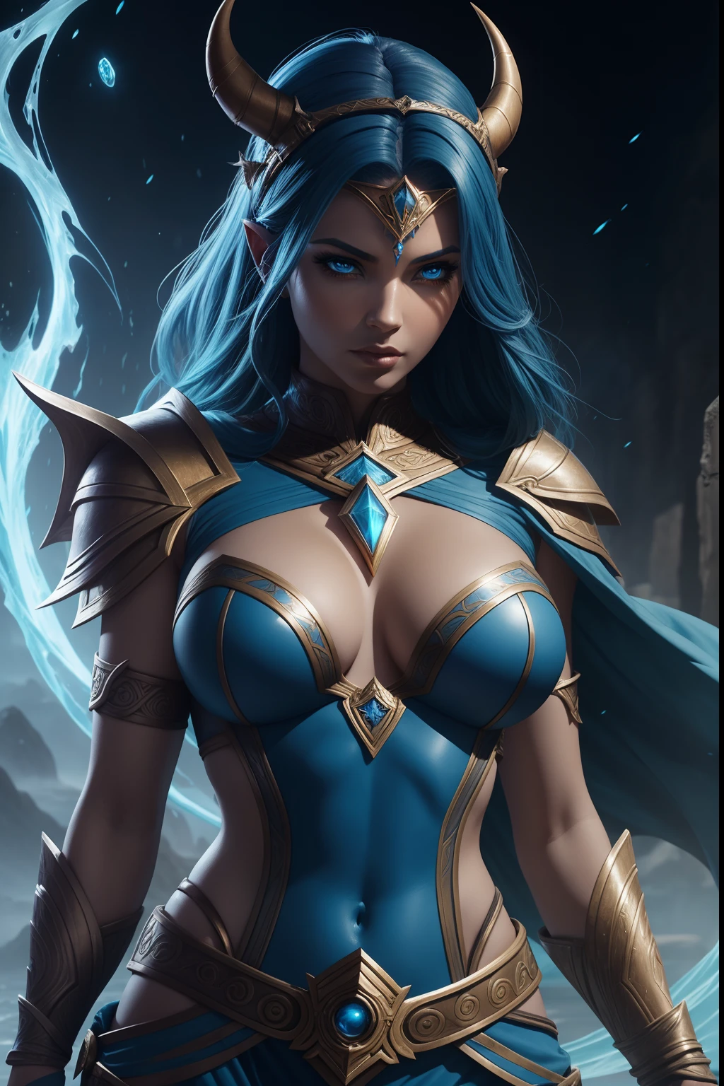 um close up de uma mulher com tinta azul no corpo, Djinn human hybrid, epic 3 d oshun, Tiefling Azul, asian female water elemental, Djinn Azul, epic exquisite character art, Vencedor do concurso Artstation, Vencedor do concurso CGSetline!!, Vencedor do concurso CGSetline!!!, arte do personagem de fantasia, Artgerm Julie Bell Beeple The cast of the upcoming DC Universe film, powerful fantasy epic legends, heroes of might and magic, epic legends game icon, epic fantasy style, deuses antigos, Rainha e governante do universo, mystical atlantean valkyrie, Trindade, amazing mmorpg, epic real fantasy, Heroes of Power and Magic 3, personagens de fantasia, glorioso, epic fantasy HD art style