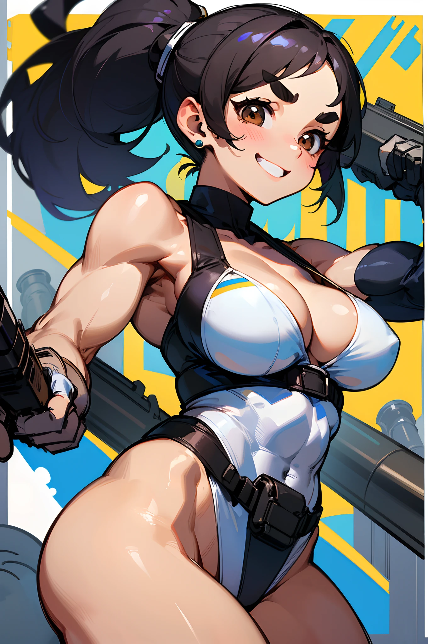 (Best Quality, High resolution:1.2, Ultra-detailed), Girl with black ponytail and brown eyes、She has thick eyebrows and a cheerful smile、She has a toned, muscular body、She wears a white bikini and blue gloves、She has a big bazooka gun、She is
