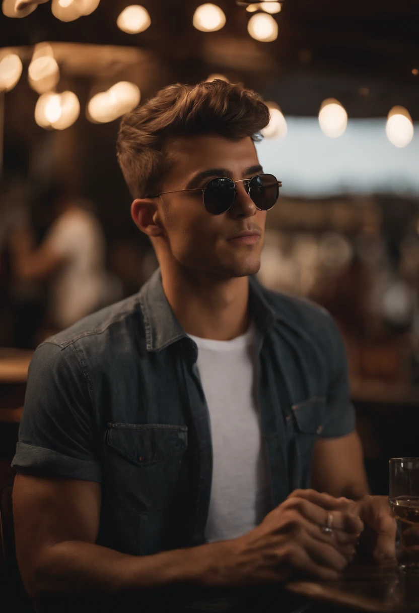 (8k, Foto RAW, best quality, master part: 1.2), (Realistic, photo-realistic: 1.37), ultra-detalhado, 1 young man, fofo, sozinho, beautiful detailed sky, detailed café, Noite, sentado, (nariz corado), (sorrir: 1.1), (boca fechada), belos olhos detalhados, (camisa de gola: 1.1), gravata borboleta, black jeans pants,sapato branco, (short hair: 1.2), cabelos corte social,