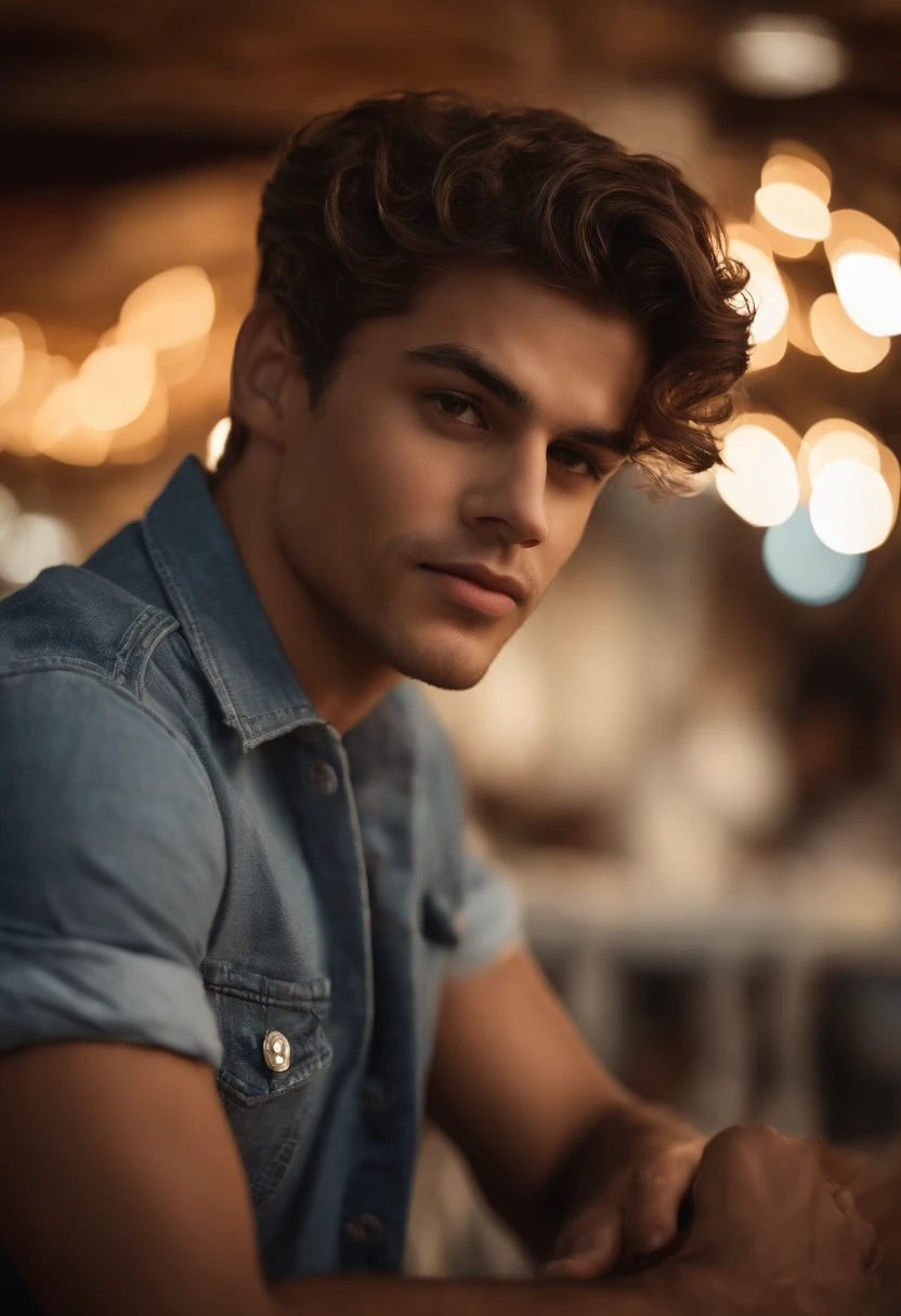 (8k, Foto RAW, best quality, master part: 1.2), (Realistic, photo-realistic: 1.37), ultra-detalhado, 1 young man, fofo, sozinho, beautiful detailed sky, detailed café, Noite, sentado, (nariz corado), (sorrir: 1.1), (boca fechada), belos olhos detalhados, (camisa de gola: 1.1), gravata borboleta, black jeans pants,sapato branco, (short hair: 1.2), cabelos corte social,