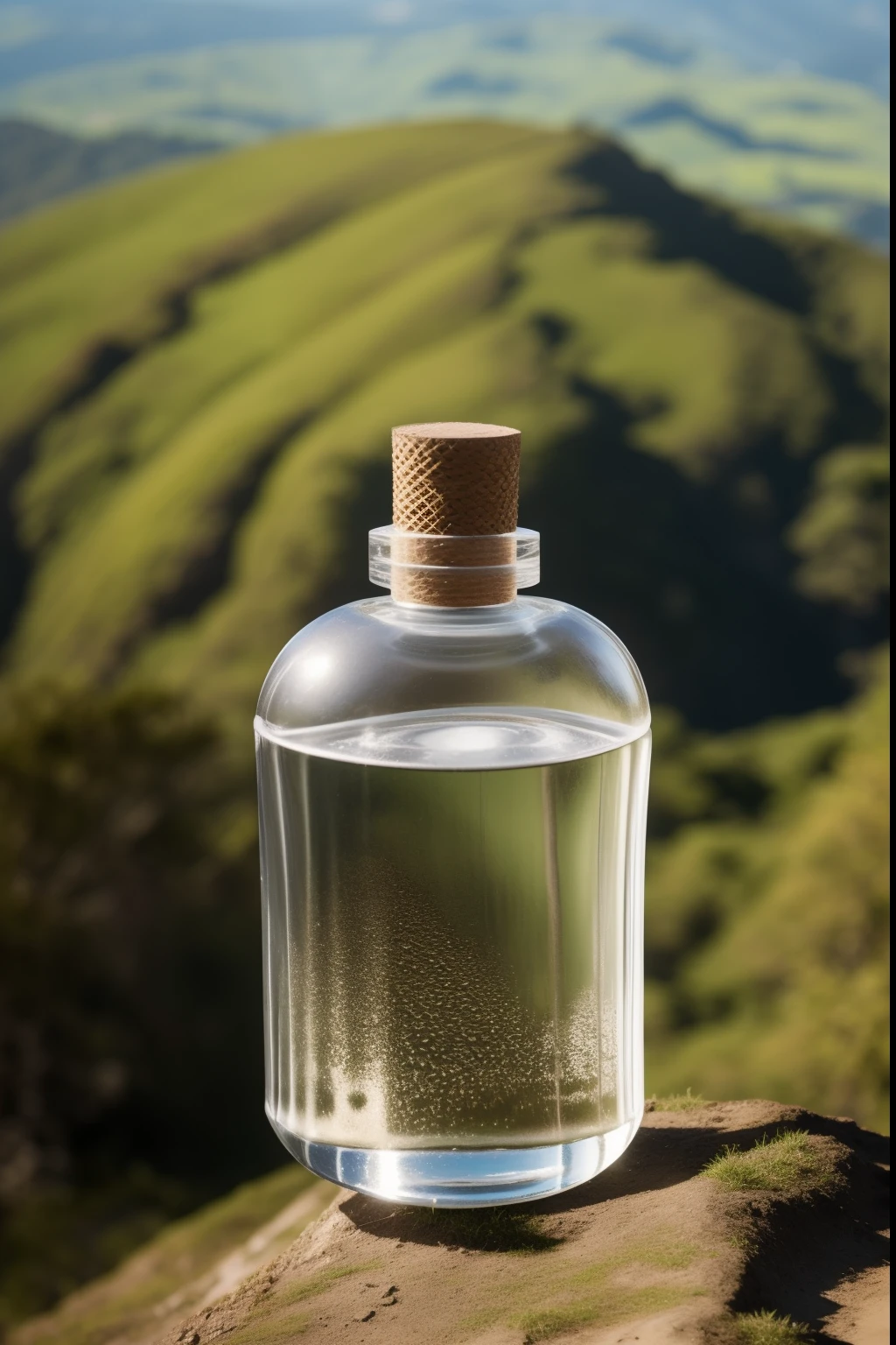 perfume transparente de vidro em cima da pedra, no meio da floresta, realistico