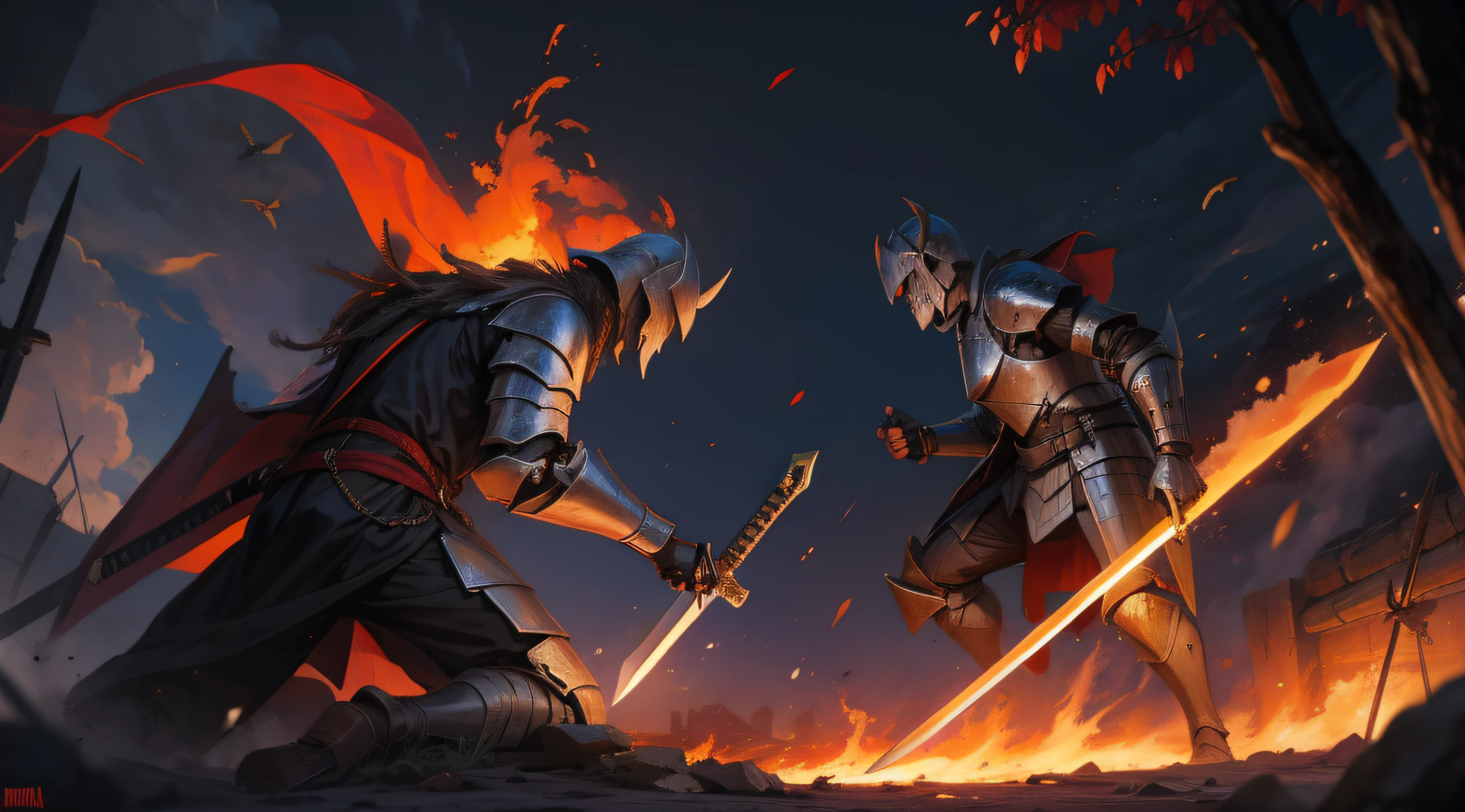 war, man vs demon, knight, sword, troops, fire, darkness, destroyed, field