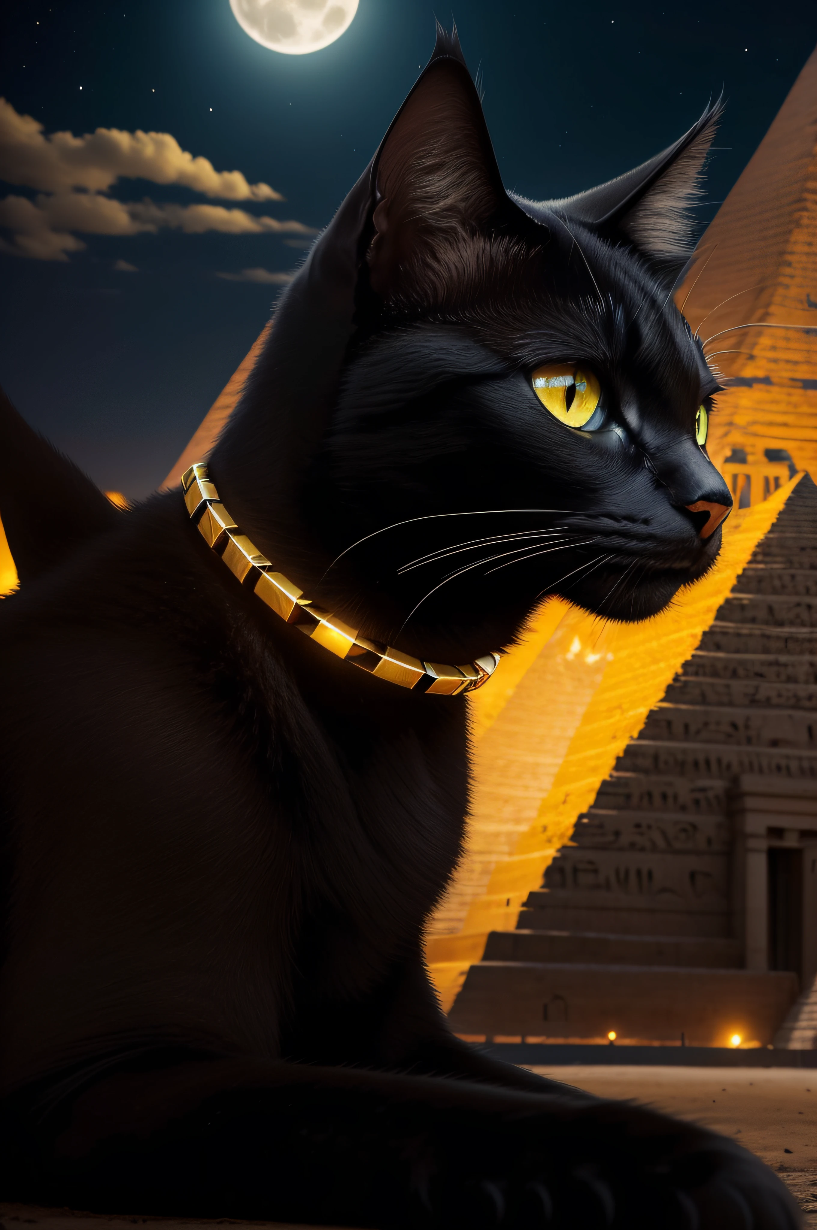 (Detailed description), (ultra Realista), (cinemactic) All black cat with necklace and Egyptian bracelet short fur, olhos verdes grandes, Sentado, olhando de frente ao espectador, inside an Egyptian pyramid, night, Night sky, Yellow Moon light, fire lights, reflexo nos olhos, arte vista de frente, gato no centro do enquadramento, gato ocupando 20% da arte