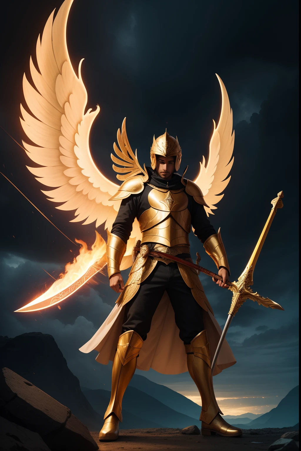 Un angel varon fuerte, con armadura dorada de fuego en medio de una tormenta, con una gran espada y escudo