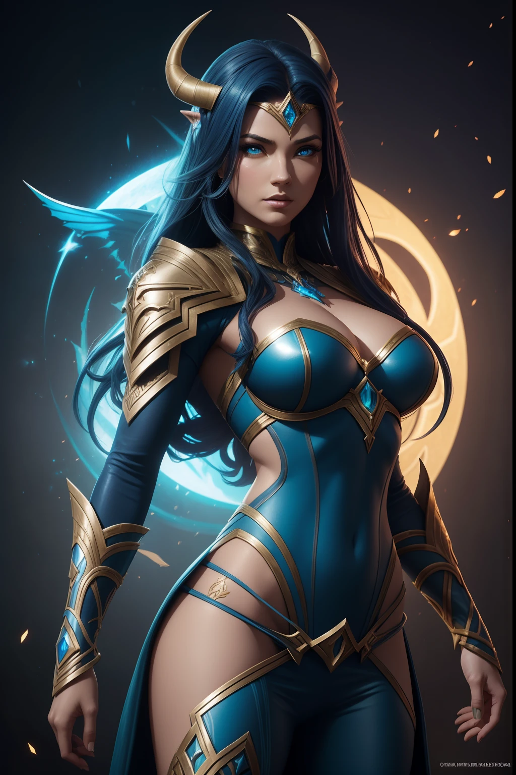 um close up de uma mulher com tinta azul no corpo, Djinn human hybrid, epic 3 d oshun, Tiefling Azul, asian female water elemental, Djinn Azul, epic exquisite character art, Vencedor do concurso Artstation, Vencedor do concurso CGSetline!!, Vencedor do concurso CGSetline!!!, arte do personagem de fantasia, Artgerm Julie Bell Beeple The cast of the upcoming DC Universe film, powerful fantasy epic legends, heroes of might and magic, epic legends game icon, epic fantasy style, deuses antigos, Rainha e governante do universo, mystical atlantean valkyrie, Trindade, amazing mmorpg, epic real fantasy, Heroes of Power and Magic 3, personagens de fantasia, glorioso, epic fantasy HD art style