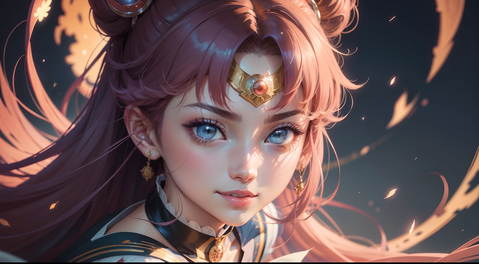 A ultra detailed portrait of a sailor moon 1girl smiling, color digital painting, highly detailed, digital painting, artstation, intricate, sharp focus, warm lighting, attractive, high quality, masterpiece, award-winning art, art by Yoshitaka Amano, and Brian Froud, trending on artstation, trending on deviantart, Anime Key Visual, anime coloring, (anime screencap:1.2),(Graphic Novel),(style of anime:1.3), trending on CGSociety