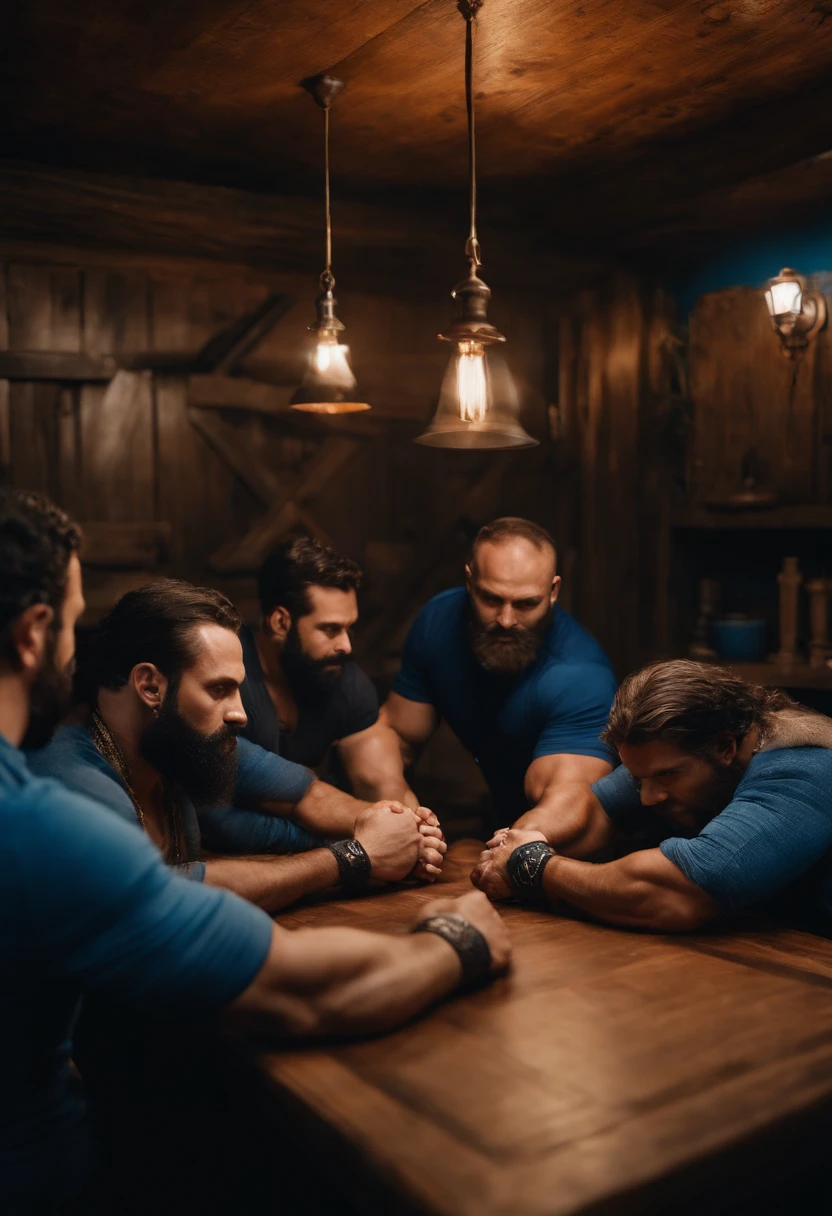 Foto RAW de corpo inteiro, Large group of muscular men over the age of 45 wearing a dirty white athletic support and worn with bulge, hugging each other, rosto florido (parede suja no fundo), (pele altamente detalhada: 1.2), 8k UHD, DSLR, soft-lighting, alta qualidade, film granulation, Fujifilm XT3, corpo inteiro, vista do solo