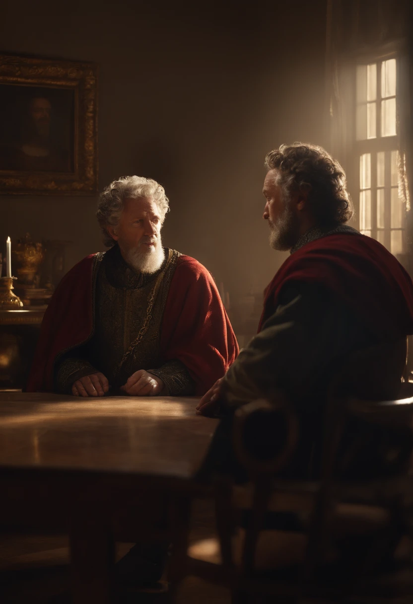 Imagine an artist's rendering of Seneca and Marcus Aurelius sitting side by side during the podcast interview. Seneca, with a surprised look and a slightly open mouth, turns to Marcus Aurelius with a questioning face as he asks the question. Their facial expressions highlight the humorous moment and relaxed dynamic of the conversation, adding a light touch to the interview., realistic, soft lighing, higly detailed, supernatural, cinematic, masterpiece, 8k, trending on artstation, sharp focus, studio photo, intricate details, highly detailed, by greg rutkowski