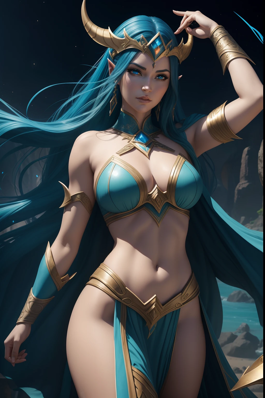 um close up de uma mulher com tinta azul no corpo, Djinn human hybrid, epic 3 d oshun, Tiefling Azul, asian female water elemental, Djinn Azul, epic exquisite character art, Vencedor do concurso Artstation, Vencedor do concurso CGSetline!!, Vencedor do concurso CGSetline!!!, arte do personagem de fantasia, Artgerm Julie Bell Beeple The cast of the upcoming DC Universe film, powerful fantasy epic legends, heroes of might and magic, epic legends game icon, epic fantasy style, deuses antigos, Rainha e governante do universo, mystical atlantean valkyrie, Trindade, amazing mmorpg, epic real fantasy, Heroes of Power and Magic 3, personagens de fantasia, glorioso, epic fantasy HD art style