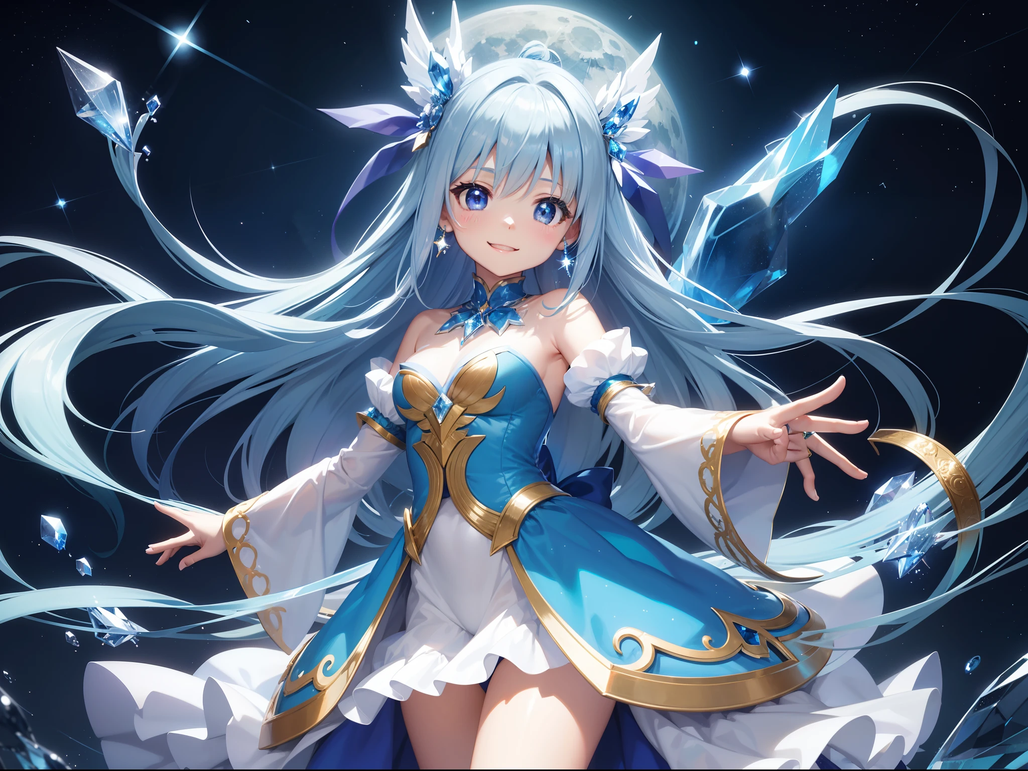 Chibichara、a smile、Blue Long Hair、Engaging pose、Blue costume、Fantasia、Luminous Crystal、constellation、a moon、face lights、Crystal Light