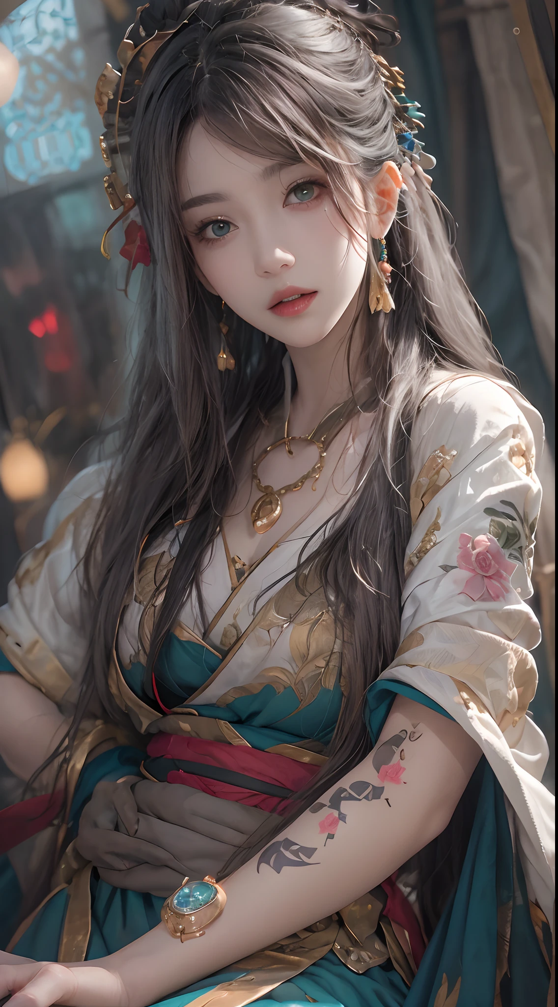 Photorealistic, high resolution, 1 woman, hips up, Beautiful eyes, Long hair, ringed eyes, jewelry, tattoo, hanfu, Chinese fairy, thick thighs