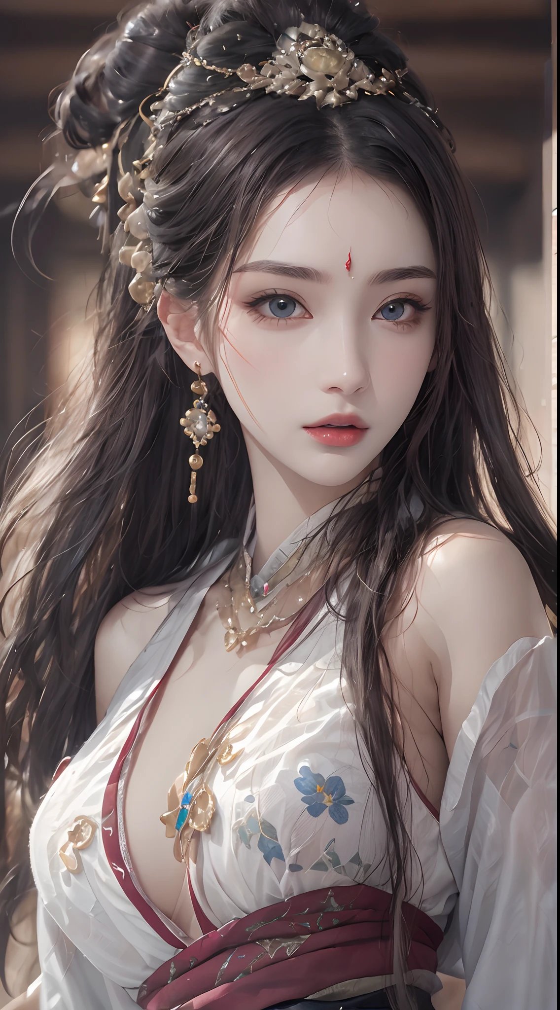 Photorealistic, high resolution, 1 woman, hips up, Beautiful eyes, Long hair, ringed eyes, jewelry, tattoo, hanfu, Chinese fairy, thick thighs