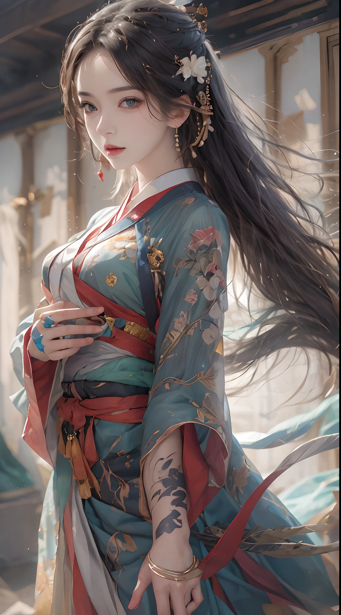 Photorealistic, high resolution, 1 woman, hips up, Beautiful eyes, Long hair, ringed eyes, jewelry, tattoo, hanfu, Chinese fairy, taoist uniform