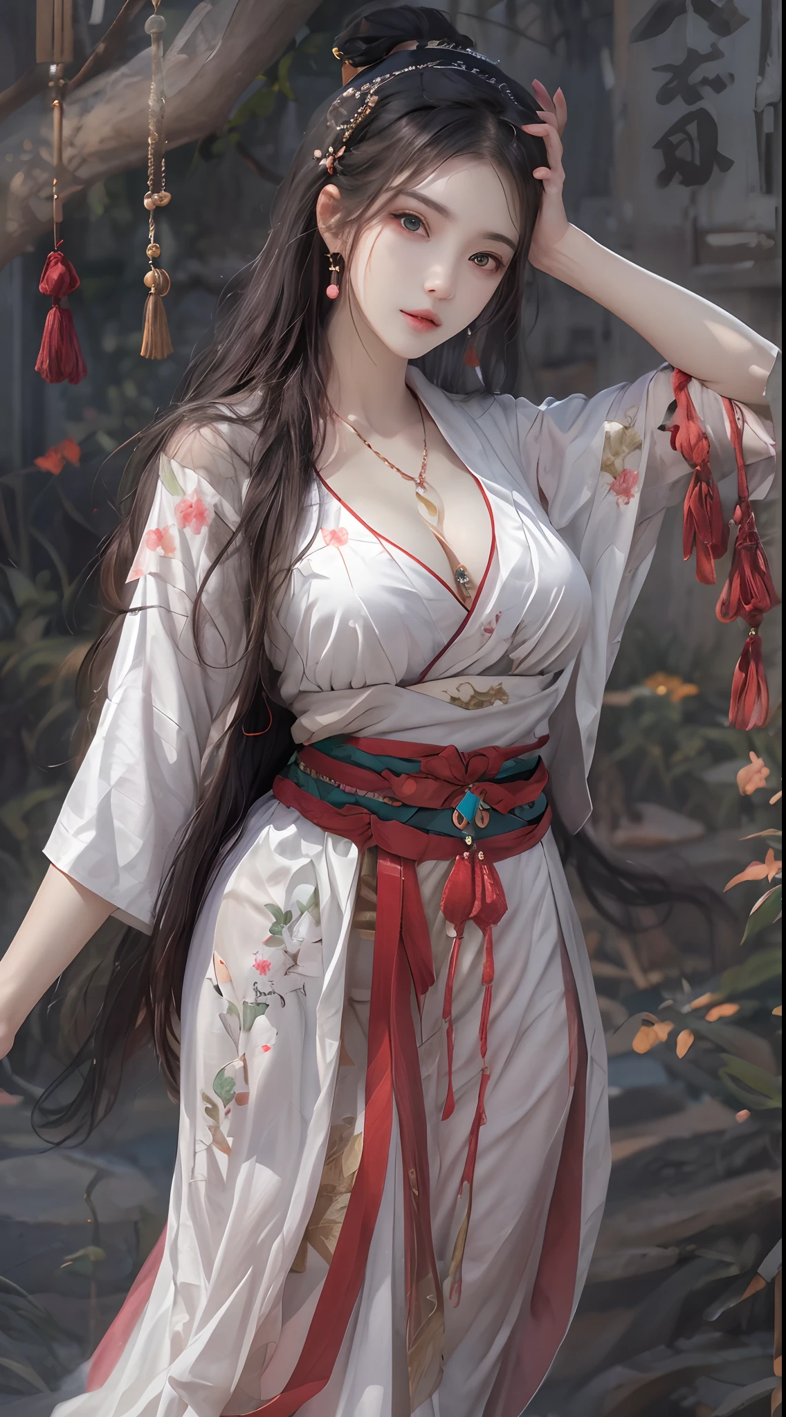 Photorealistic, high resolution, 1 woman, hips up, Beautiful eyes, Long hair, ringed eyes, jewelry, tattoo, hanfu, Chinese fairy, thick thighs