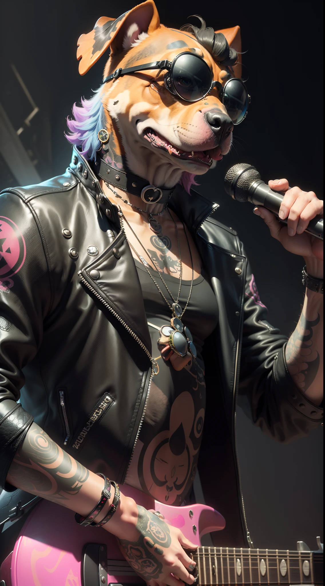 (1 dog （anthropomorphic turtle，））wearing a choker，with tattoos, sunglasses, Black leather jacket,black glove（Holding a silver guitar）Psychedelic punk artist