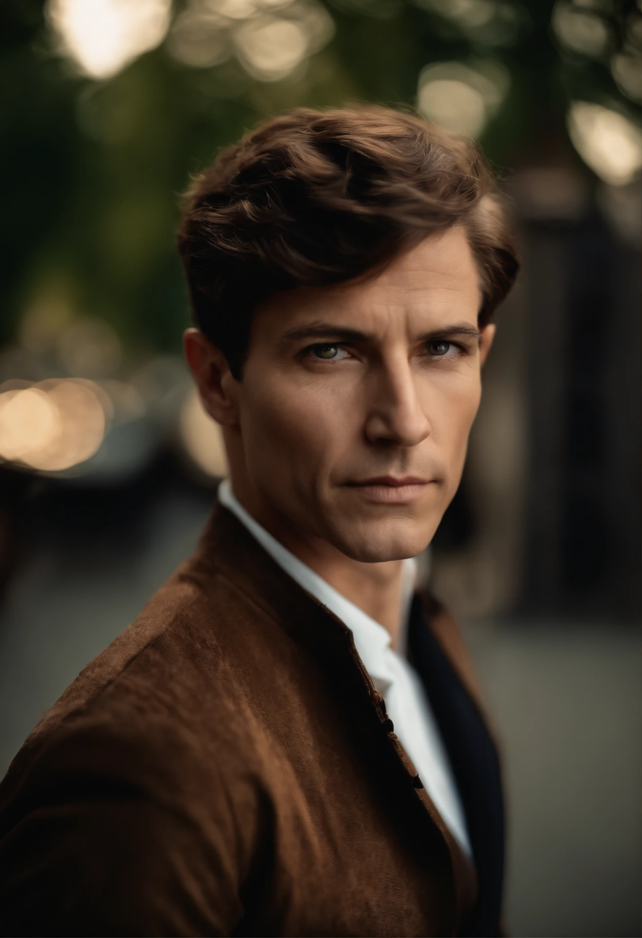 corps entier, wide-angle photo close-up portrait of the body of a handsome man , Grand et en forme, (40 ans:1.1), (shaven:1.2) , (very short brown hair:1.5),(very short hair:1.6). Dark brown tight velvet suit, (La veste a des motifs de fleurs noires:1.2). (posing outside the mansion with a luxury car:1.1), crowded street with cafes in the distance, Cold and dark sunset at dusk, (Edge Light:1.1),(Concentrez-vous sur les yeux), (angry look), (hard light on the skin:1.2), (ombres dures, dark themed, Contraste profond:1.1), (photographie de portrait par Annie Liebovitz), Dark mint theme and choral aesthetics, (skin imperfections)