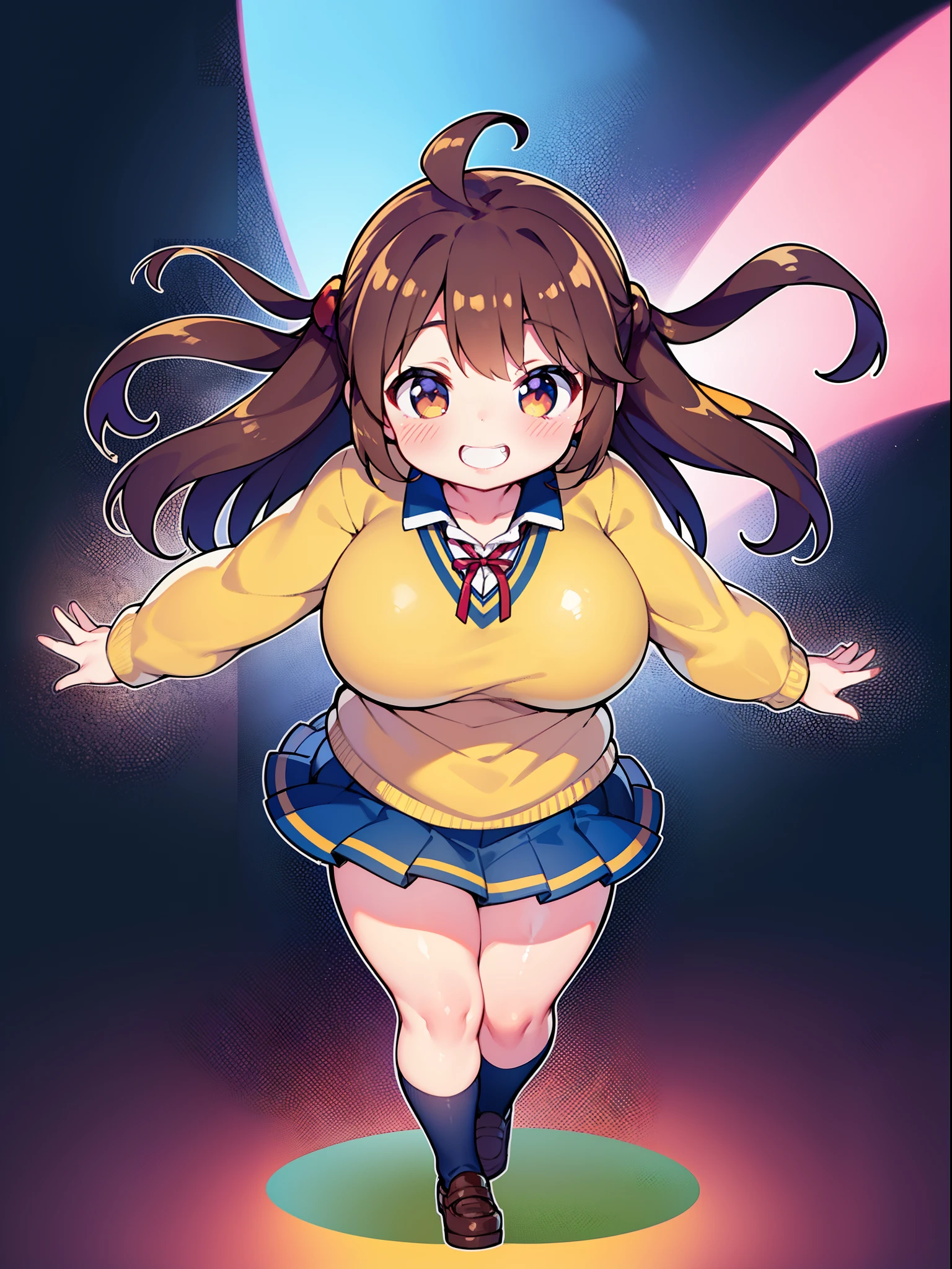 Infinitely cute, rounded chubby girl , with lush brown hair, Very small stature, abnormally huge breasts, cheerful, Without complexes, Shameless, sexually liberated, Mischievous, Wide joyful smile, laughter, grin, big eyes shining with enthusiasm, long eyelashes, in a high school uniform (shirt and skirt) , full body photography, Anatomical realism, max detail, high quality textures