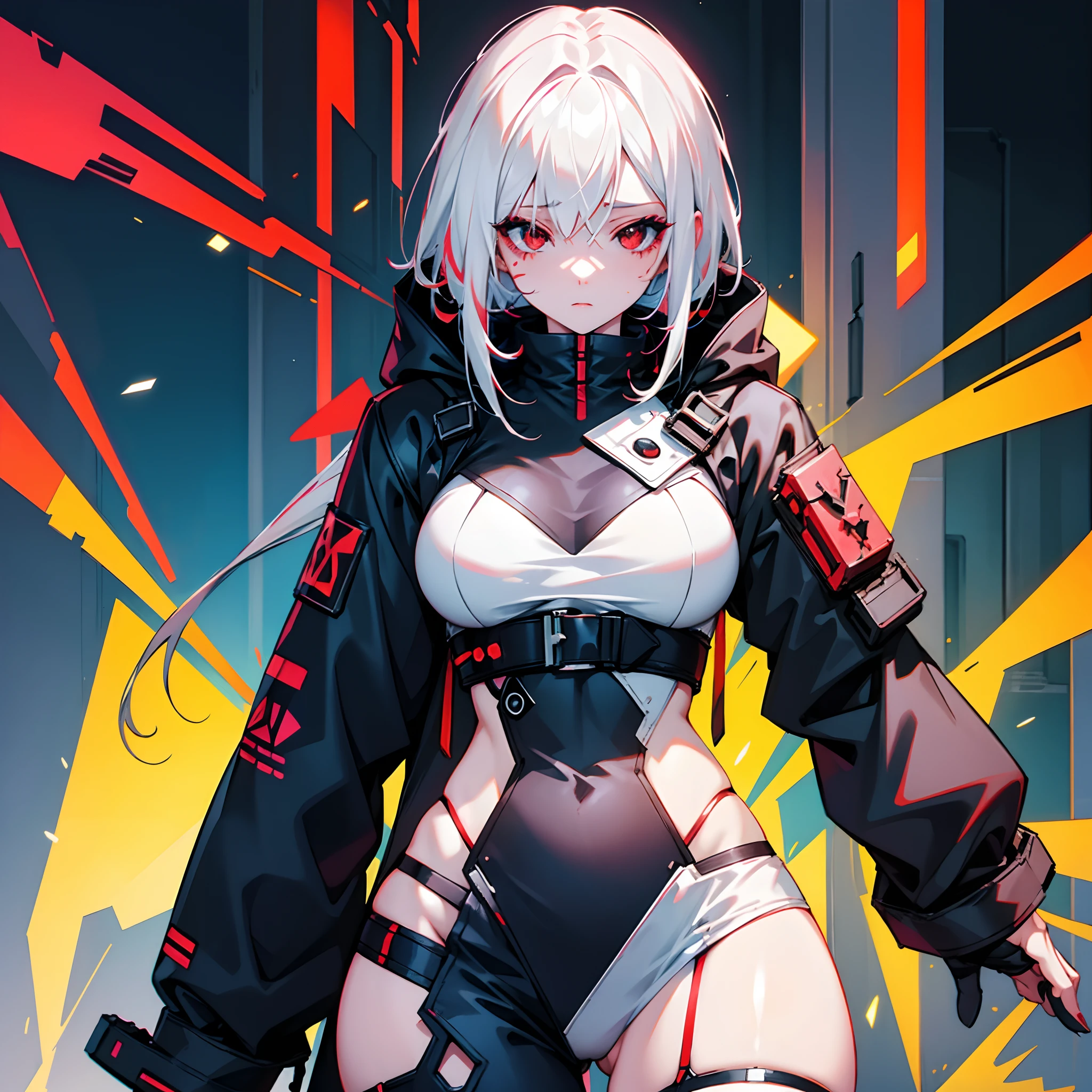 Bright and colorful colors,white-haired girl,Heightened sexuality,Cyberpunk character,red-eyes , Fine lines