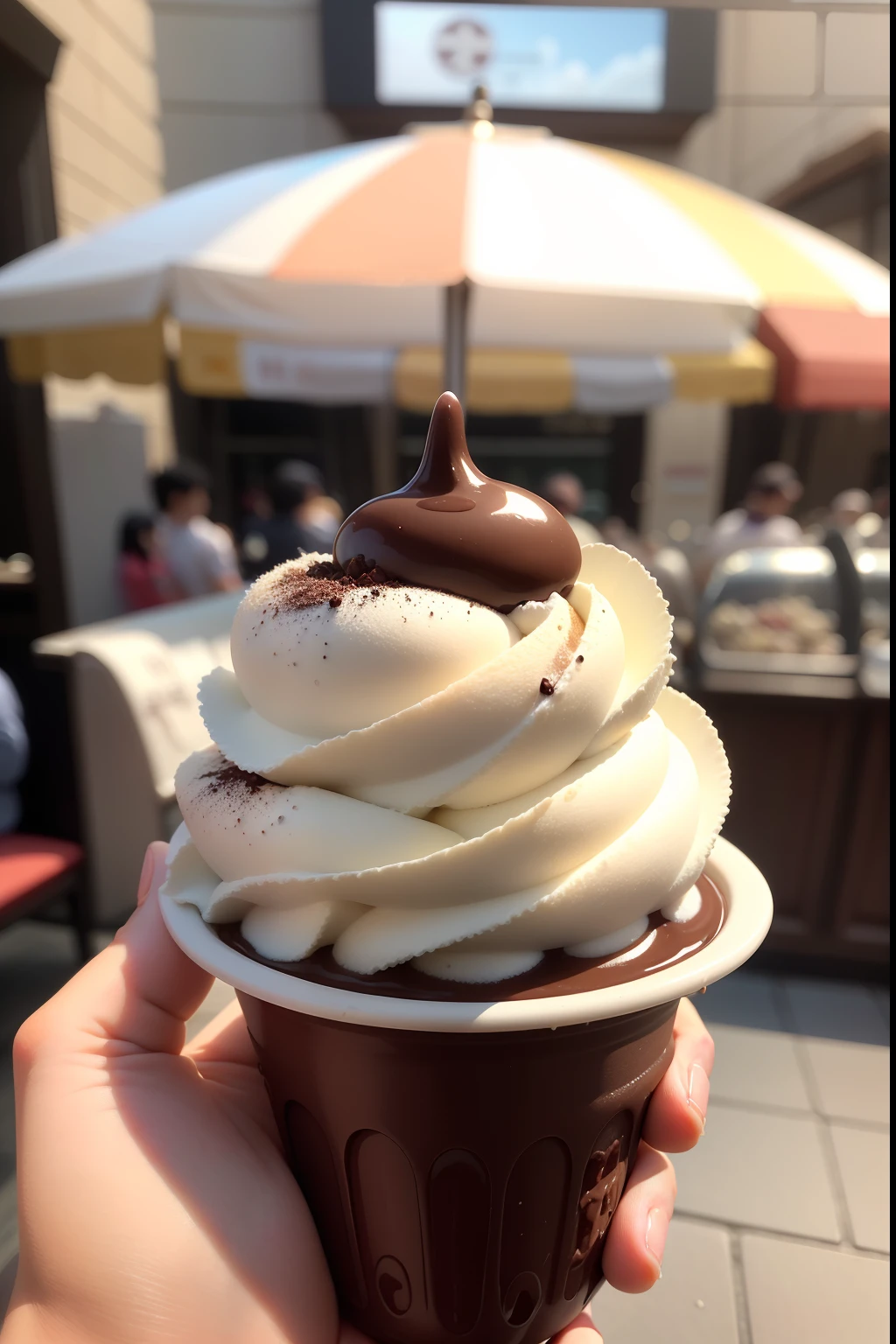 Gaze at this mouth-watering photo，A tempting ice cream masterpiece is on display，Drizzle with rich chocolate。This realistic and detailed image will take you into a world of deliciousness，Let you feel the cold sweetness and the temptation of chocolate。

To create this mouthwatering photo，I used a professional-grade DSLR camera，Equipped with a high-quality macro lens。This camera combination captures every tiny detail of ice cream，Ensure the clarity and authenticity of the image。

Camera settings are carefully adjusted，to accentuate the alluring texture of the ice cream。I chose the appropriate aperture and shutter speed，Make sure the details of the ice cream are clearly captured，And the background is mildly blurred，Make the theme more prominent。

To enhance the attractive appearance of ice cream，I poured chocolate on top。Through the lenses，You can see the melted texture and luster of the chocolate，It is as if you can feel its silkiness and sweetness。This presentation of detail makes the image more realistic and engaging。

Lighting plays a key role in photography，It creates the deliciousness of the ice cream。I used soft and scattered natural light，to avoid excessive shadows，And make the color of the ice cream more full and eye-catching。The angle and intensity of the light is carefully adjusted，to highlight the shape and texture of the ice cream。

This photo presents a perfect ice cream，It has a pleasant appearance，And irresistible。Every detail is captured to life，Make the audience feel as if they can smell the sweet smell of ice cream。It is a tribute to gastronomy，Arouse people's taste buds and happiness。

Let this realistic and detailed image take you into the wonderful world of ice cream，Feel the sweetness and satisfaction it brings。Whether it's in hot summer or cold winter，Ice cream is a delight，It can bring us joy and surprise。Relax now，Savour this delicious ice cream！