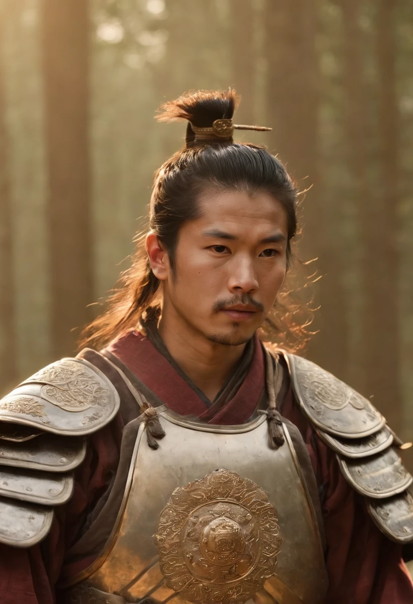 A Sengoku period samurai in shabby armor,Real Human,filmposter,Ultra photo realsisim,Ancient battlefield background,The army is in chaos,Rivers of blood flow,A dragon in the back,Super light and shadow,Extreme light chasing,Delicate skin,(Sunshine 1.5)dust kicked up,Cinematic lighting effects