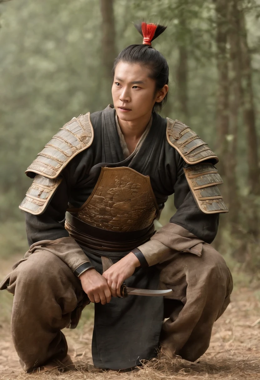 A Sengoku period samurai in shabby armor，Real Human，filmposter，Ultra photo realsisim，Ancient battlefield background，The army is in chaos，Rivers of blood flow，A dragon in the back，Super light and shadow，Extreme light chasing，Delicate skin，（Sunshine 1.5）dust kicked up，Cinematic lighting effects