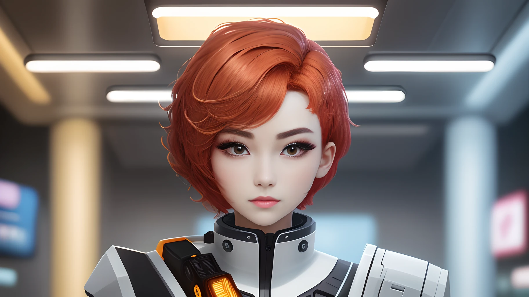A short coiled hair with warm colors on the front，The overhead section is equipped with some high-color LED tubes，It looks like a new smart device from the future。This shape is very beautiful、Very stylish，naturey、focus-on、independence，It is very suitable for those who want to express their personality。

The generated prompt words can be drawn online with reference to the following scheme：
- Red sweet short hair
- Dark curly hair roots，LED tubes with geometric sharp angled lines
- Make-up warm C-shaped eyebrows with a straight nose
- Three-dimensional character with sharp silhouette

The resulting pattern is designed based on the prompt，May differ from the image you expect，Reference only。