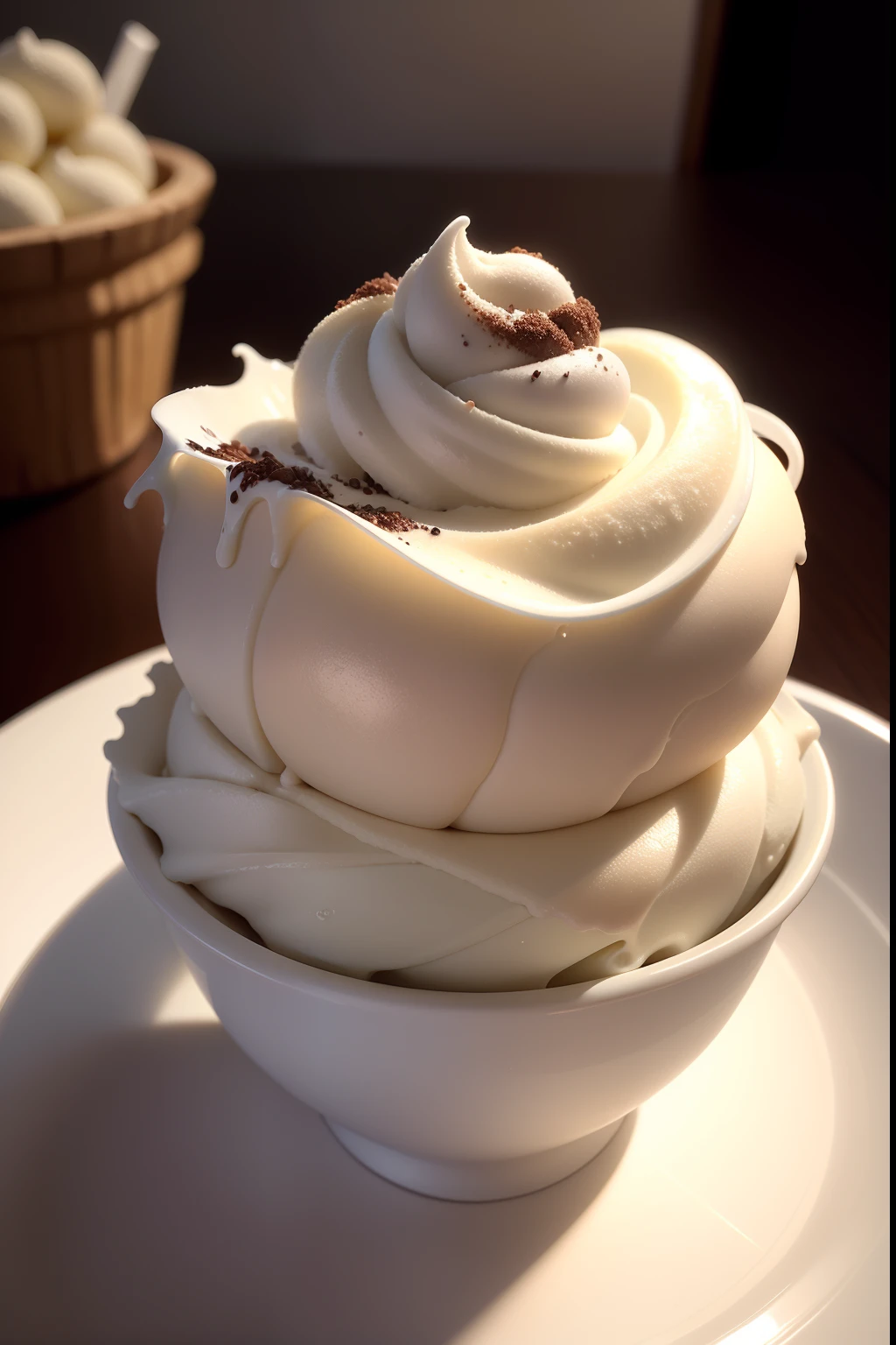 Gaze at this mouth-watering photo,A tempting ice cream masterpiece is on display,Drizzle with rich chocolate。This realistic and detailed image will take you into a world of deliciousness,Let you feel the cold sweetness and the temptation of chocolate。
To create this mouthwatering photo,I used a professional-grade DSLR camera,Equipped with a high-quality macro lens。This camera combination captures every tiny detail of ice cream,Ensure the clarity and authenticity of the image。
Camera settings are carefully adjusted,to accentuate the alluring texture of the ice cream。I chose the appropriate aperture and shutter speed,Make sure the details of the ice cream are clearly captured,And the background is mildly blurred,Make the theme more prominent。
To enhance the attractive appearance of ice cream,I poured chocolate on top。Through the lenses,You can see the melted texture and luster of the chocolate,It is as if you can feel its silkiness and sweetness。This presentation of detail makes the image more realistic and engaging。
Lighting plays a key role in photography,It creates the deliciousness of the ice cream。I used soft and scattered natural light,to avoid excessive shadows,And make the color of the ice cream more full and eye-catching。The angle and intensity of the light is carefully adjusted,to highlight the shape and texture of the ice cream。
This photo presents a perfect ice cream,It has a pleasant appearance,And irresistible。Every detail is captured to life,Make the audience feel as if they can smell the sweet smell of ice cream。It is a tribute to gastronomy,Arouse people's taste buds and happiness。
Let this realistic and detailed image take you into the wonderful world of ice cream,Feel the sweetness and satisfaction it brings。Whether it's in hot summer or cold winter,Ice cream is a delight,It can bring us joy and surprise。Relax now,Savour this delicious ice cream!