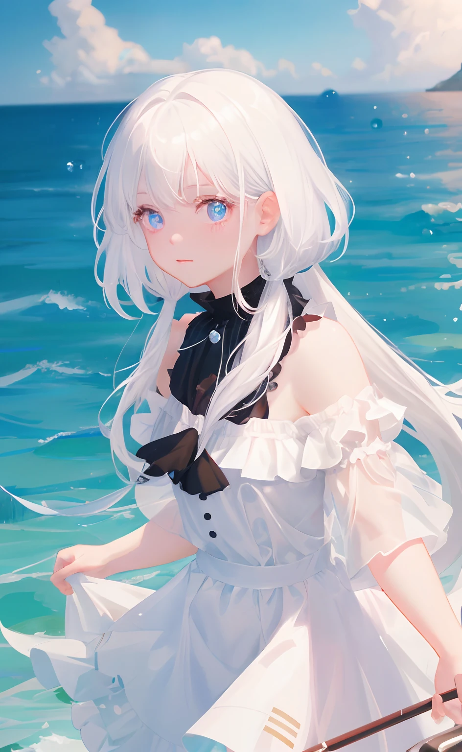 A with white hair(A little girl hair,Has a beautiful pair of delicate eyes。)red color eyes,The depth of field in the photo was perfect,Lens flare adds a nice touch。The delicate details on her face really stand out,score because this photo is definitely greater than 10。In the background,There is a beautiful ocean,The sea is crystal clear,There are water droplets on the surface