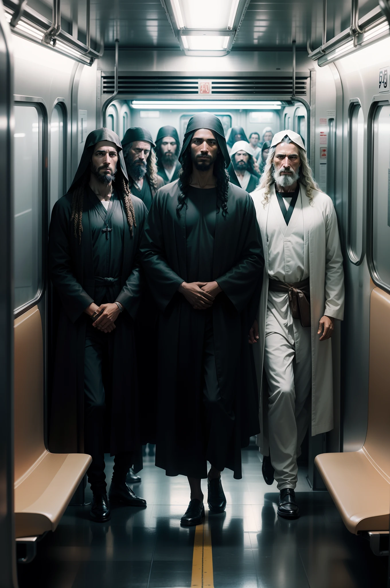 Photo ultra realistic image of blackJesusblack and his apostles wearing original robes, traveling in a subway car rolling a base, foto