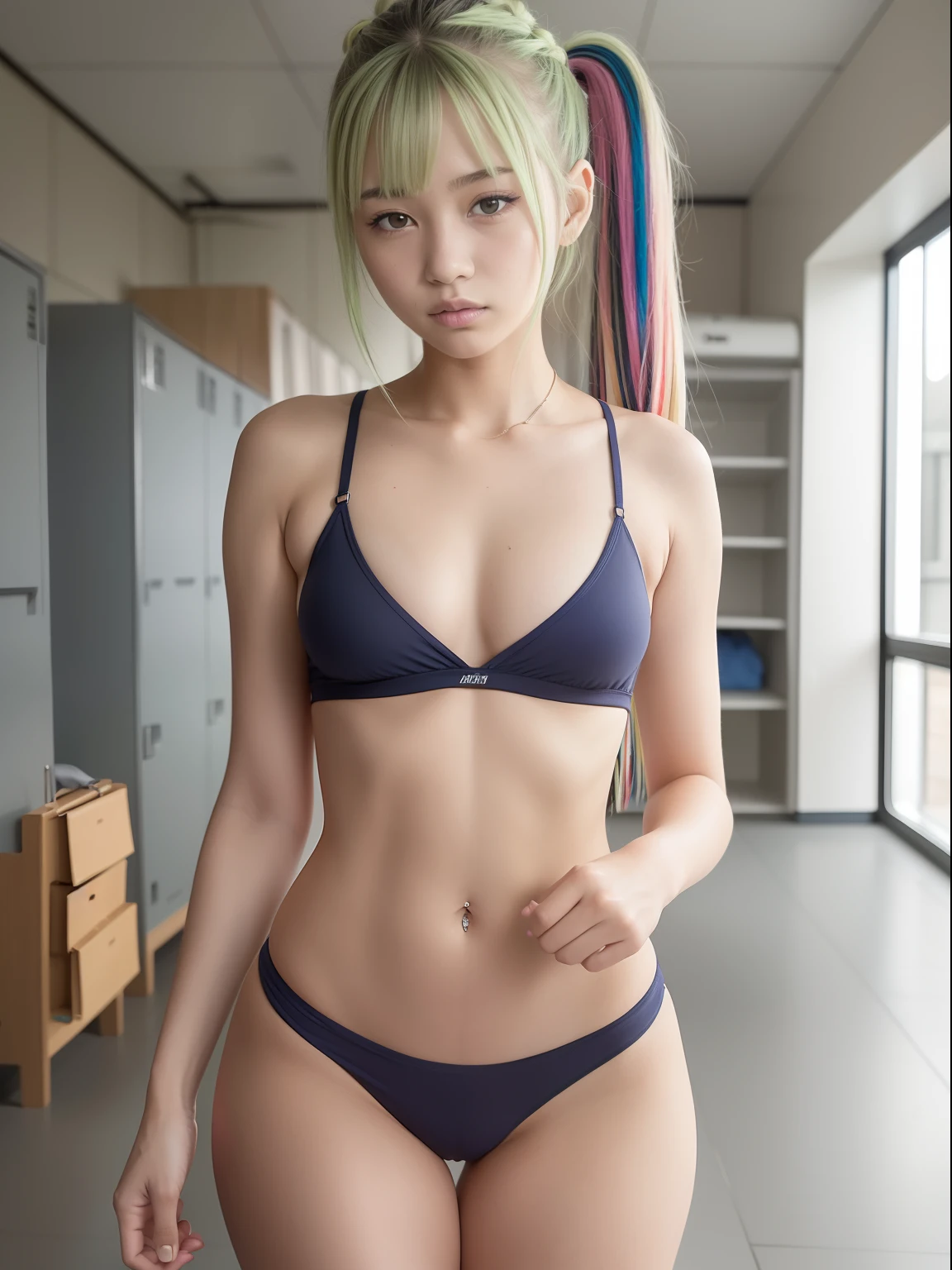 a 18 year old girl,masutepiece , Best Quality,Nahida(GenshinImpact) ,A large number of girls , being thin,tiny chest,Long hair ,Side Ponytail, Hair Ornament , White hair , Green hair , hand behind head:1.5,multicolored hair, elf , Multicolor bra, Wearing a miniskirt ,Locker Room, Street,looking at the viewers