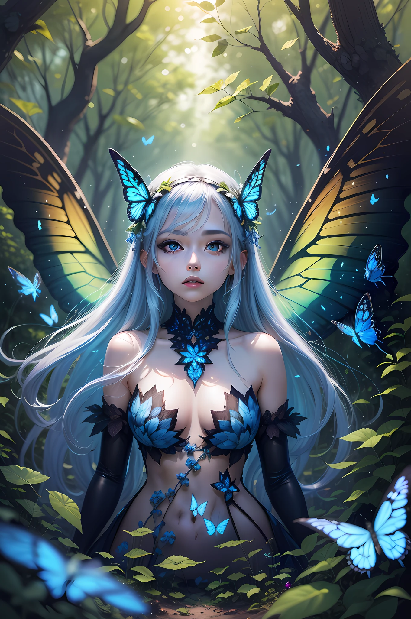 A mysterious forest at twilight, an ethereal anime girl with glowing, sapphire-blue eyes and translucent butterfly wings, surrounded by bioluminescent flora, radiating a sense of enchantment and wonder, Illustration, digital art, --ar 9:16 --v 5