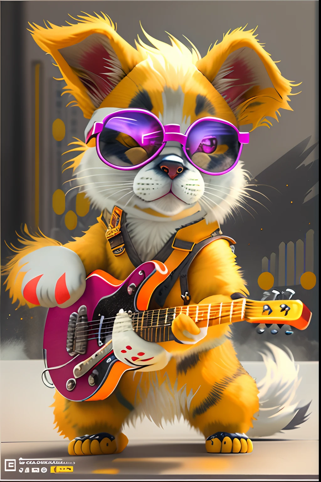 Rock puppy，Wearing sunglasses，holding guitars，Rock music，DJ，Cool stage，Let the rhythm and energy of a particular genre or song inspire your creation. Use bold strokes, splash of color, and dynamic forms，Transform the essence of music into a canvas. Cadmium yellow experiment, Magenta, The titanium white tone evokes the emotions and feelings that music can evoke, top-quality， single focal， 复杂 （the detail： 1.1） unreal-engine，tmasterpiece， （ultra - detailed），